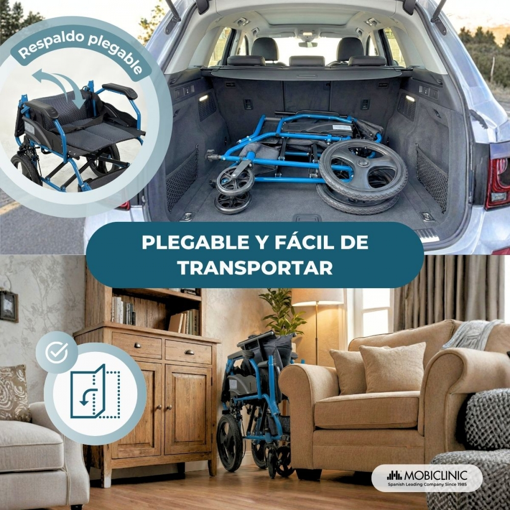 Silla de ruedas plegable azul en maletero y sala. Fácil transporte.