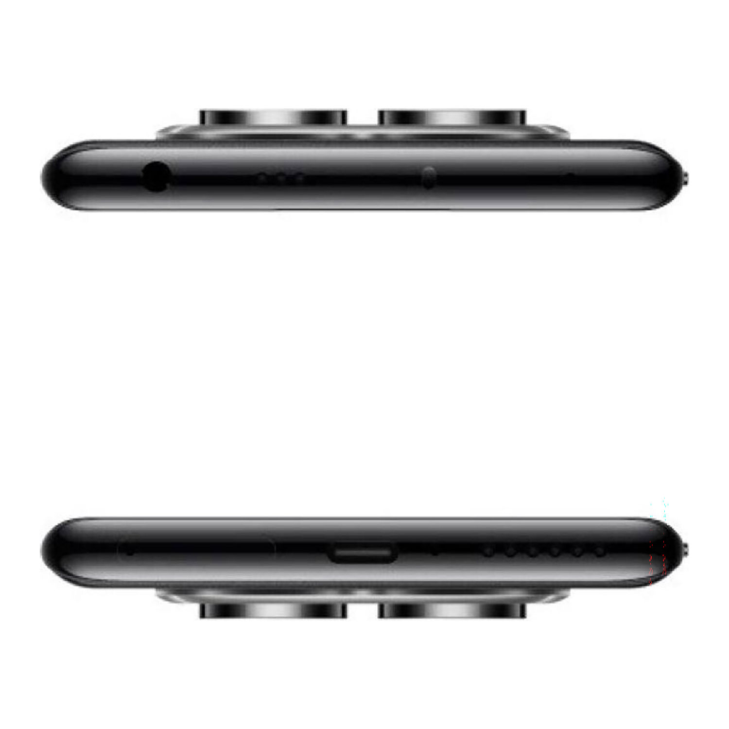 Górny i dolny widok czarnego smartfona z kamerami i portami.