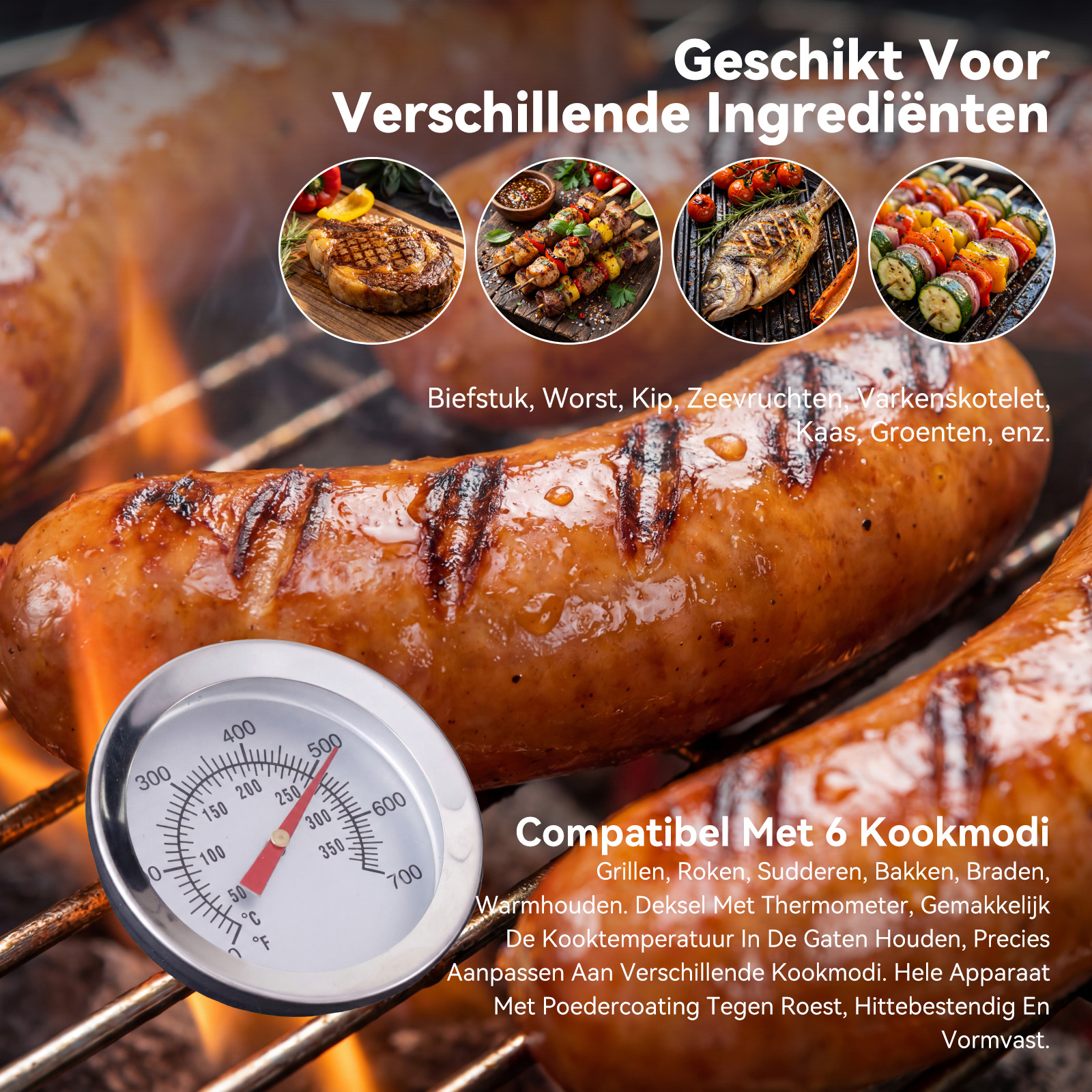 Grill met worstjes, biefstuk, vis en groenten, met thermometer.