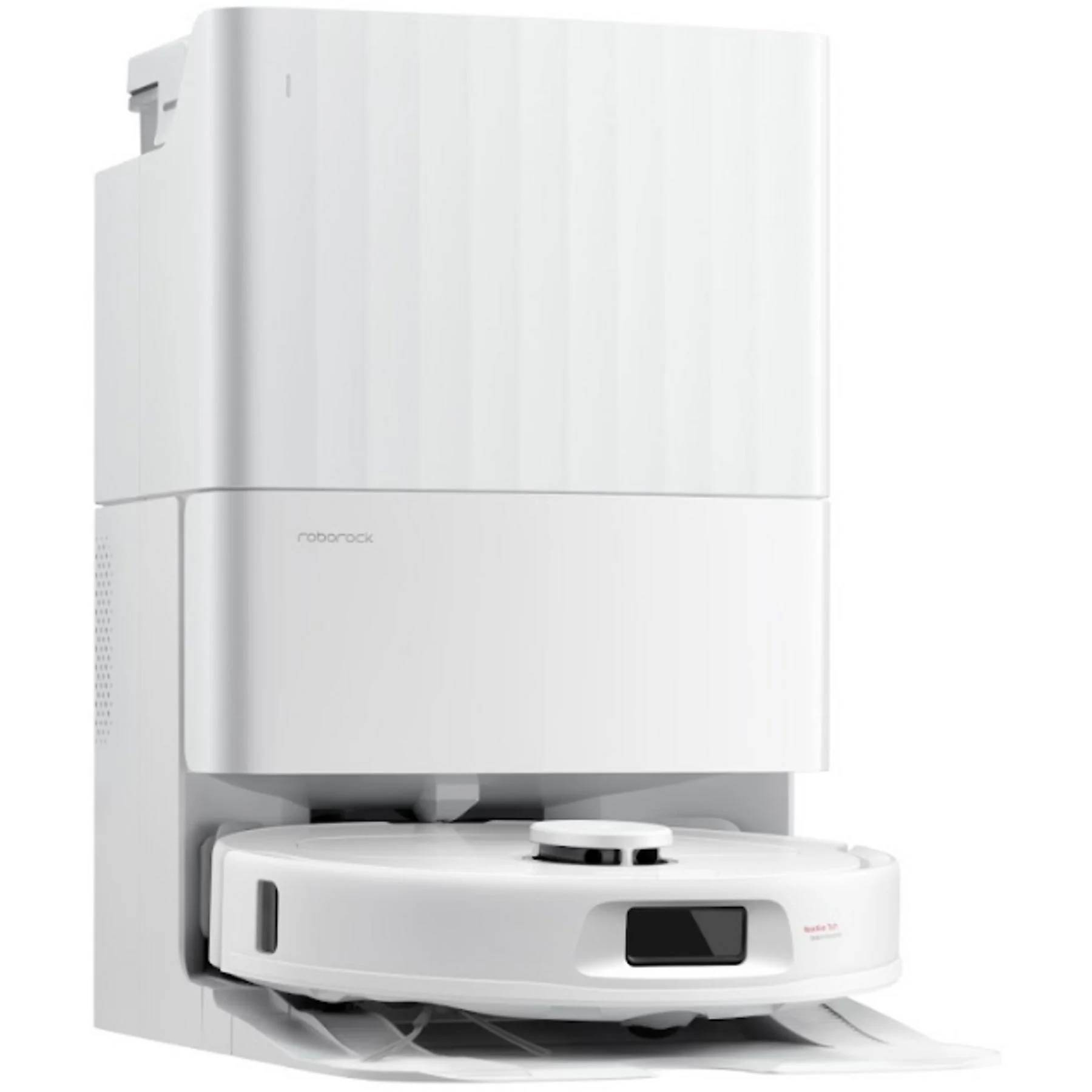 Ein weißer Roboterstaubsauger mit Ladestation.