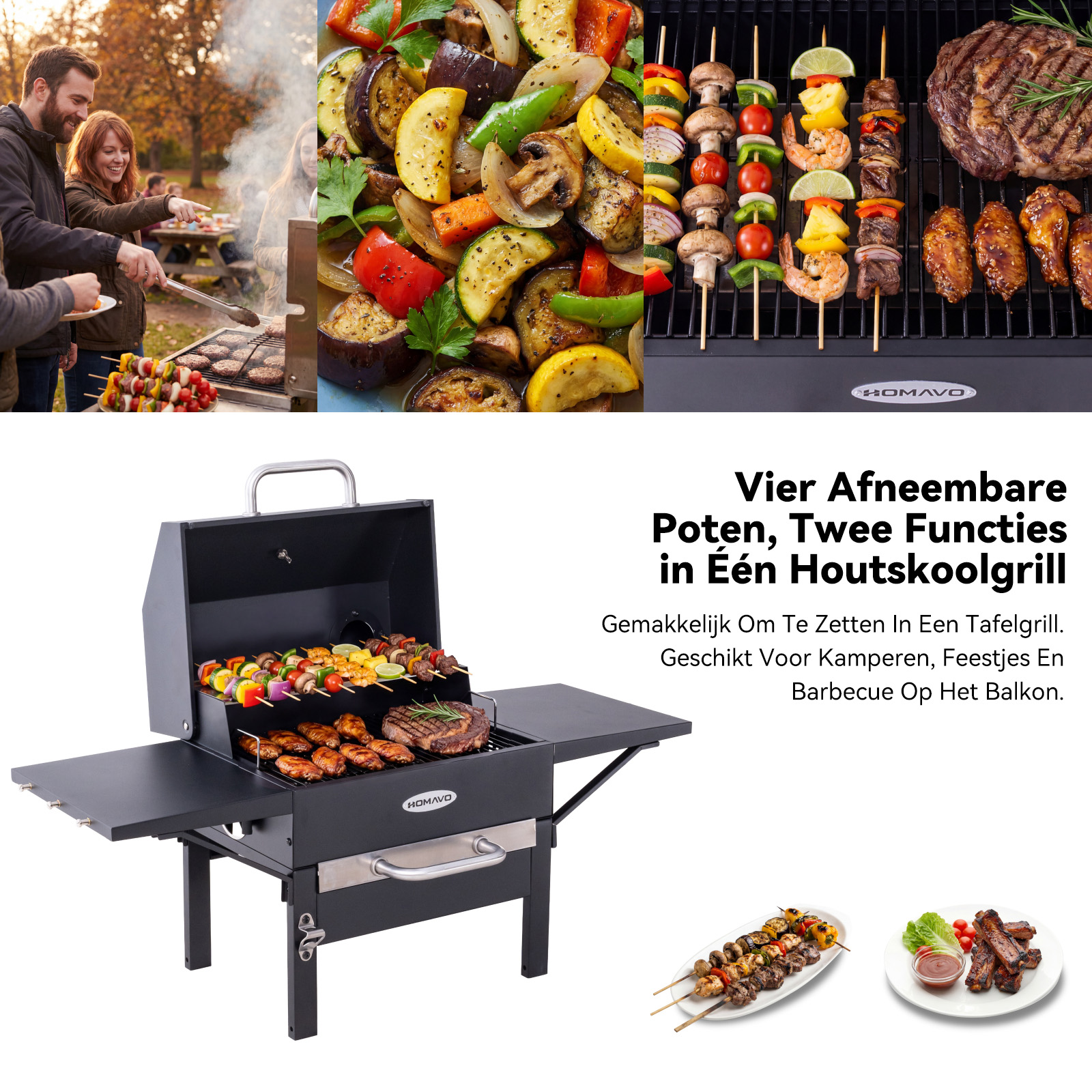 Grill met vleesspiezen, kippenvleugels, biefstuk en groenten.