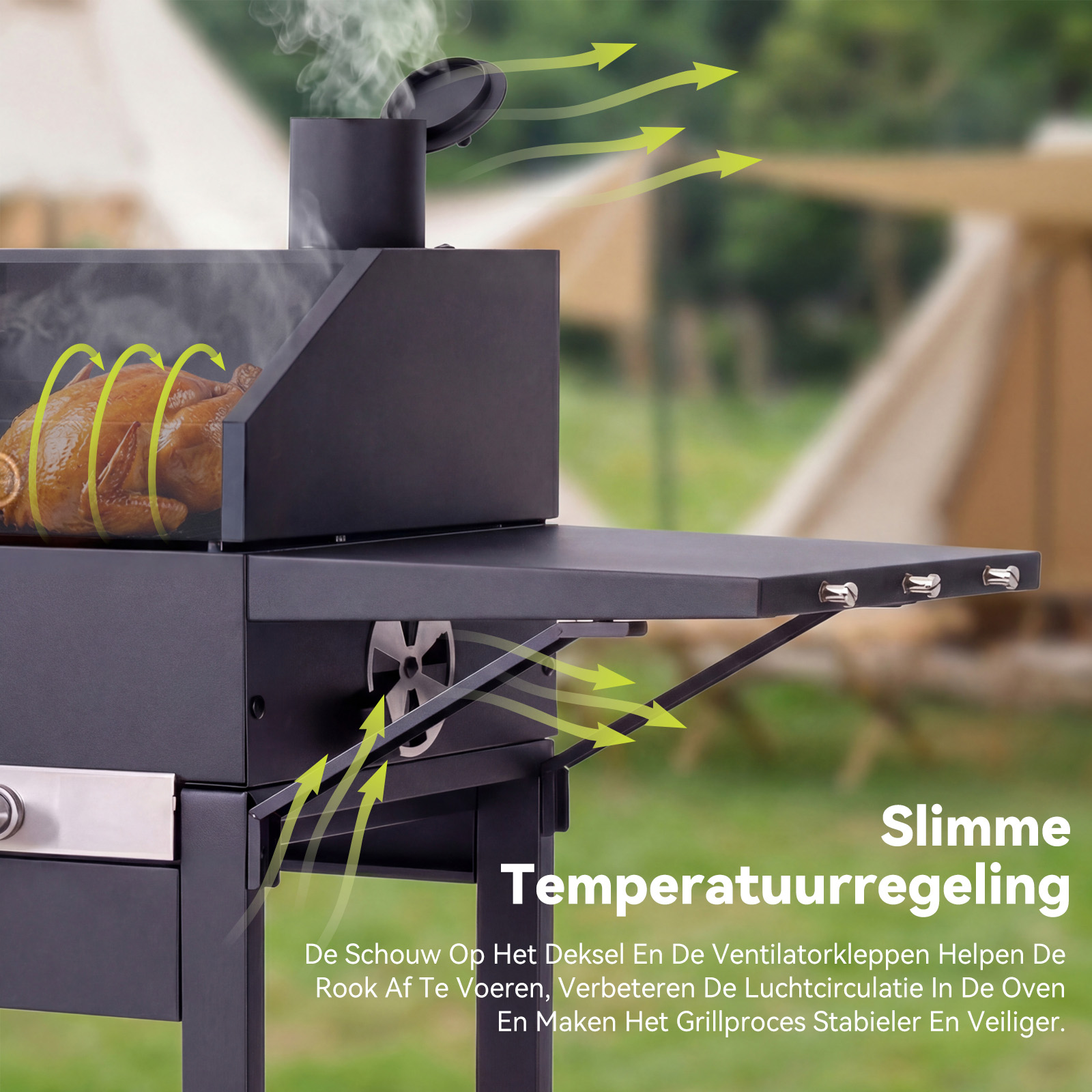 Een gebraden kip in een smoker met rook en pijlen die luchtstroom tonen. Slimme temperatuurregeling.