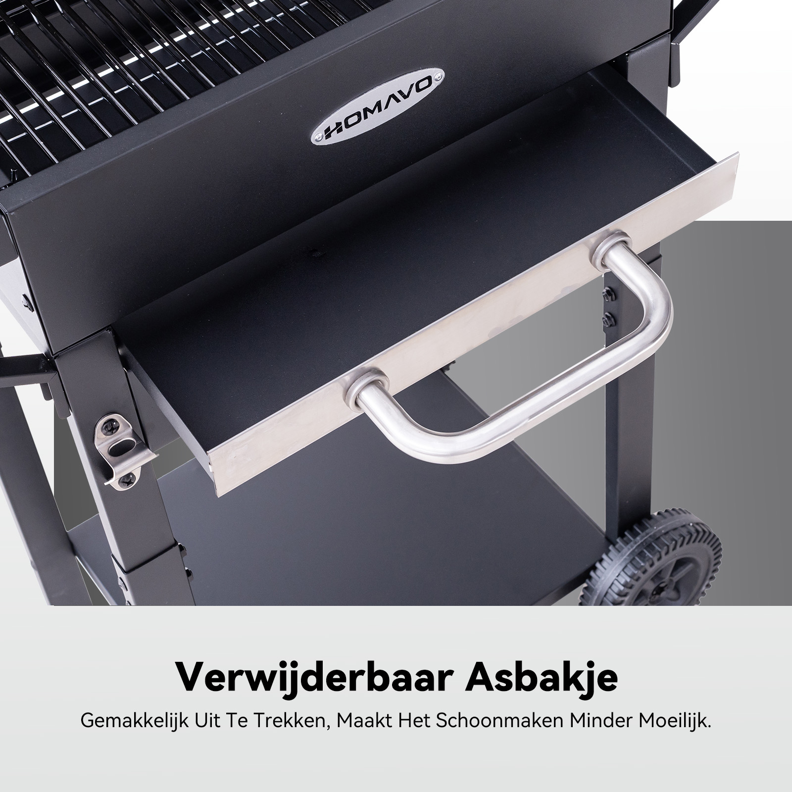 Zwarte grill met uitneembare aslade en chroom handvat.
