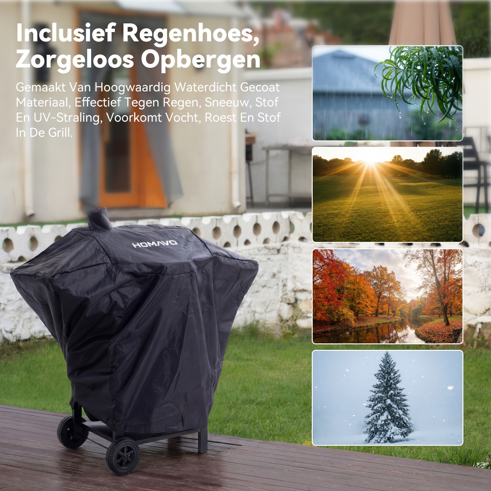 Housse noire pour barbecue sur terrasse en bois. Petites images: pluie, soleil sur champ, forêt d'automne, sapin enneigé.