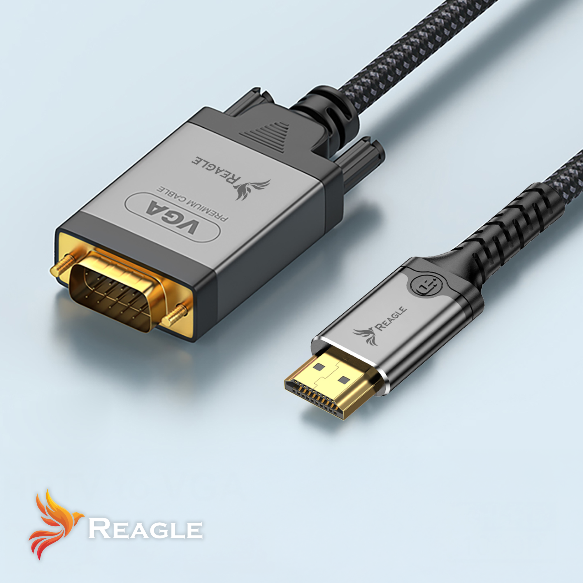 Kable VGA i HDMI ze złotymi złączami i czarnymi plecionymi przewodami.