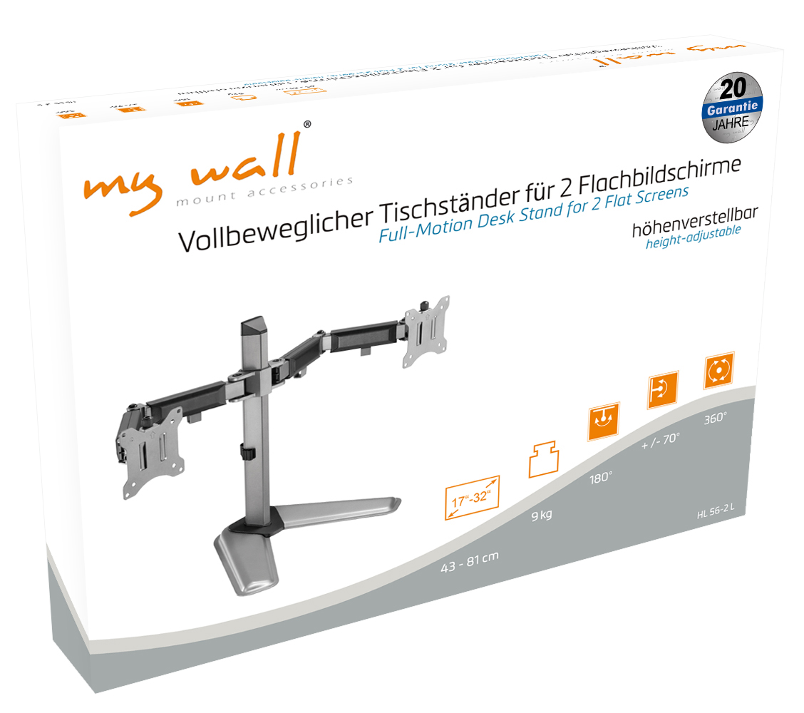 Ein silberner Schreibtischständer für zwei Monitore mit schwenkbaren Armen.