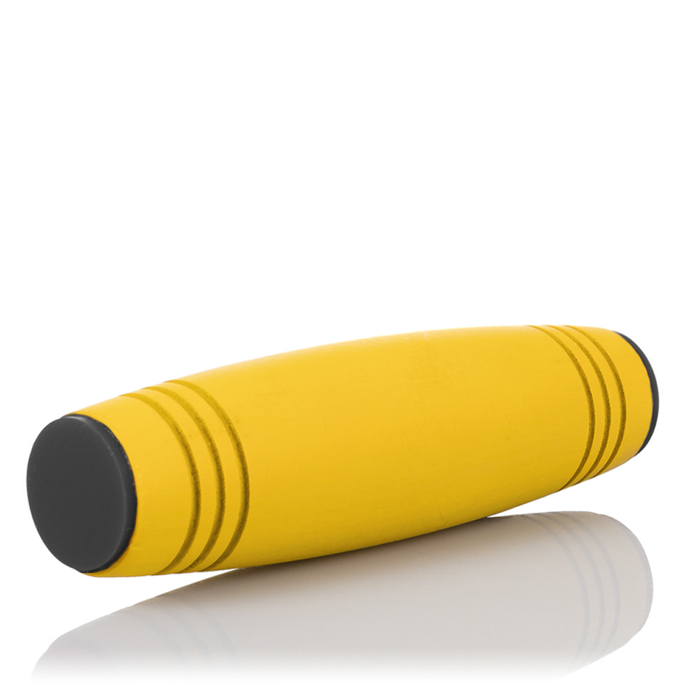 Un spinner cilíndrico amarillo con extremos negros, sobre fondo blanco.