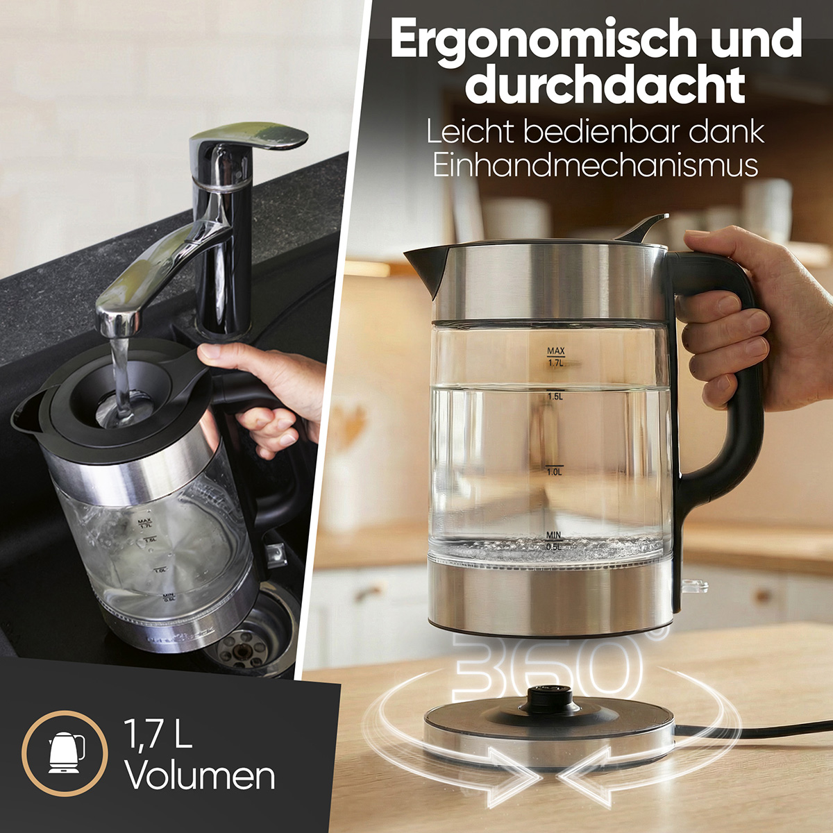 Glaswasserkocher wird unter dem Wasserhahn befüllt und steht auf einer 360° Basis.