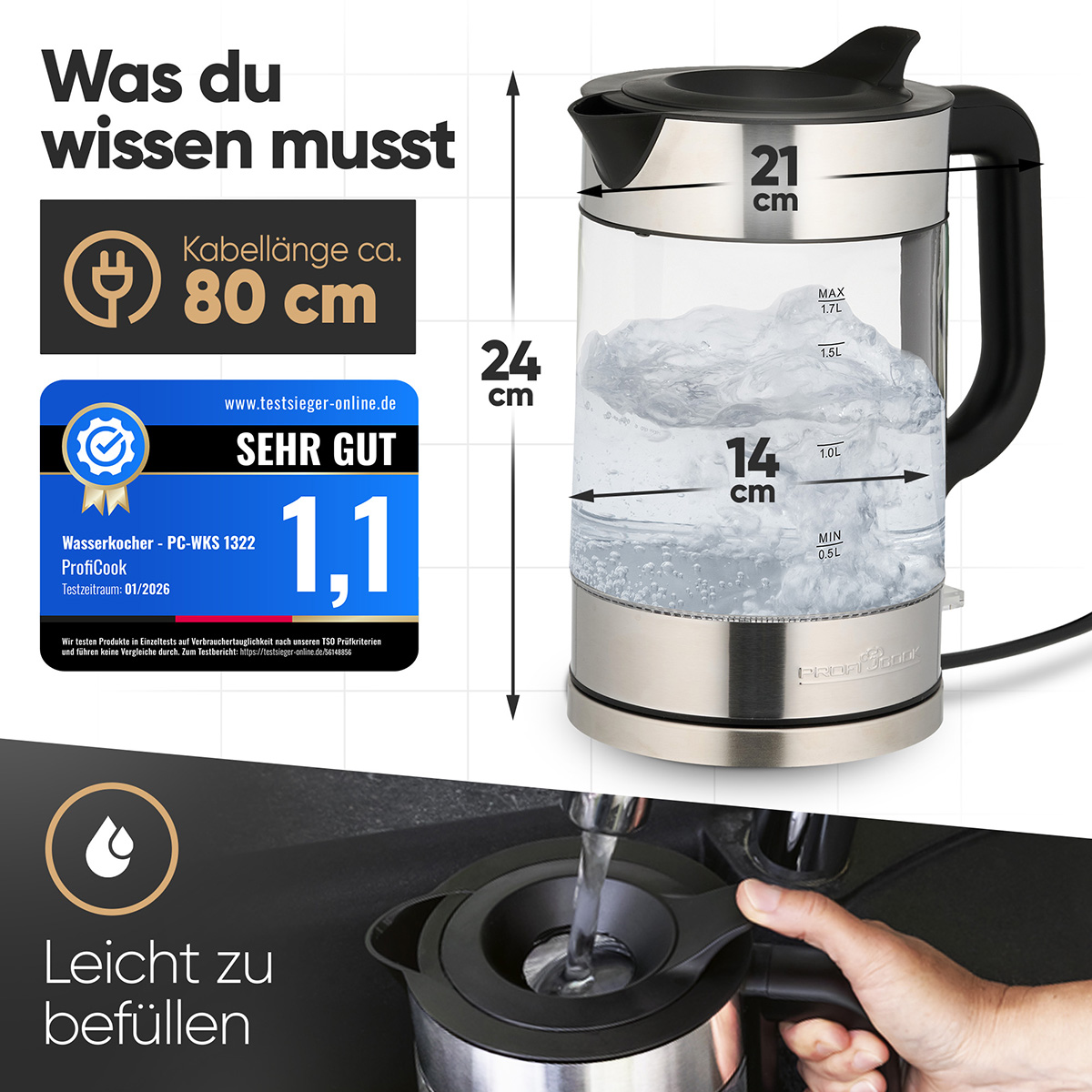 Glaswasserkocher mit Maßangaben, Kabel und Testurteil. Unten wird er beüllt.