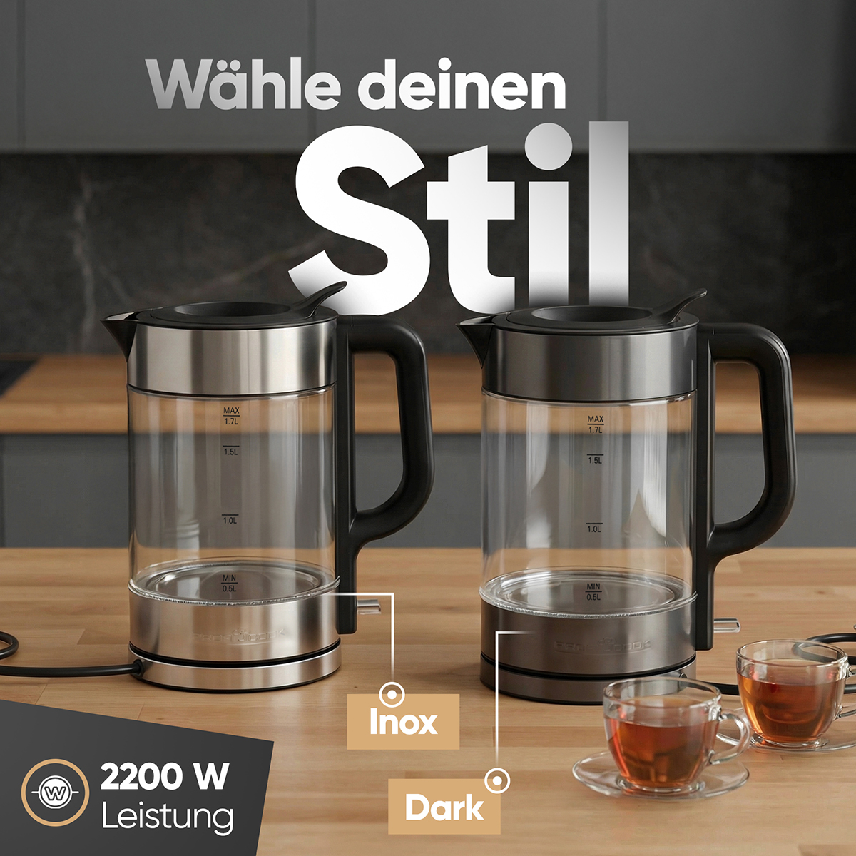 Zwei Glas-Wasserkocher, einer in Edelstahl, einer in Dunkel. "Wähle deinen Stil".