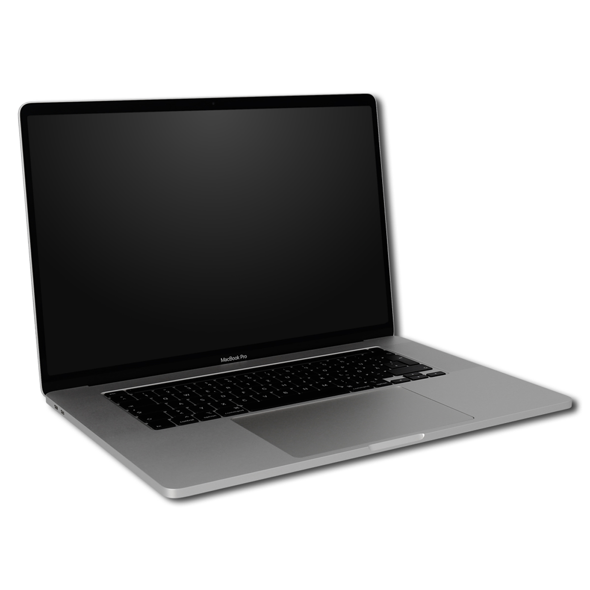 Silbernes MacBook Pro Laptop mit schwarzem Bildschirm und Tastatur, Ansicht von schräg.
