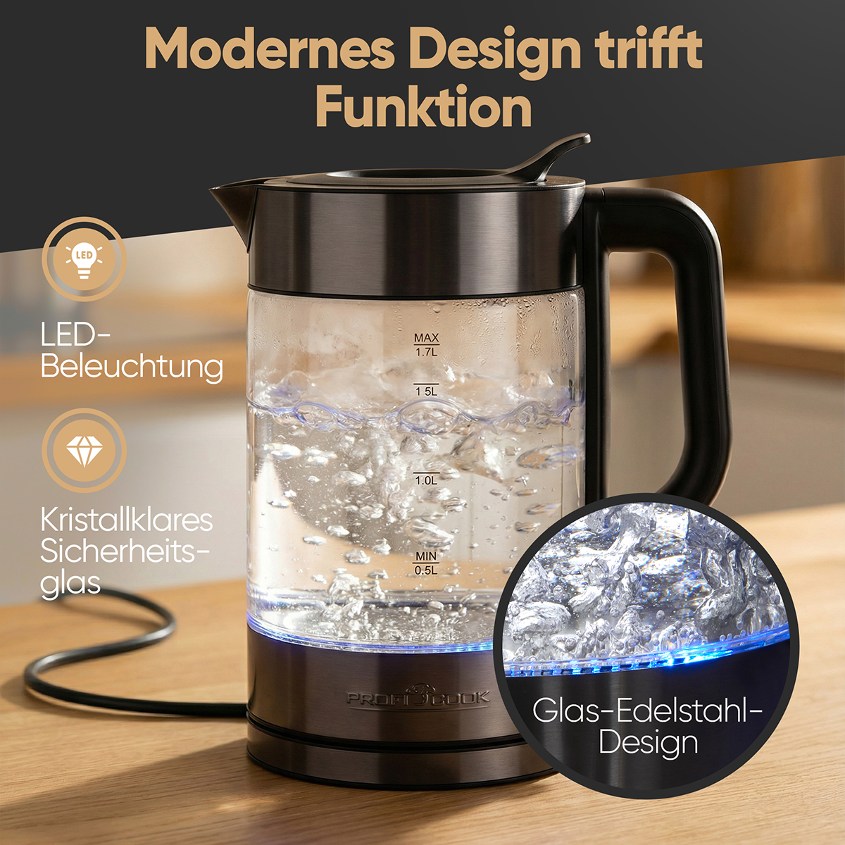 Ein Wasserkocher mit LED-Beleuchtung und Glas-Edelstahl-Design.