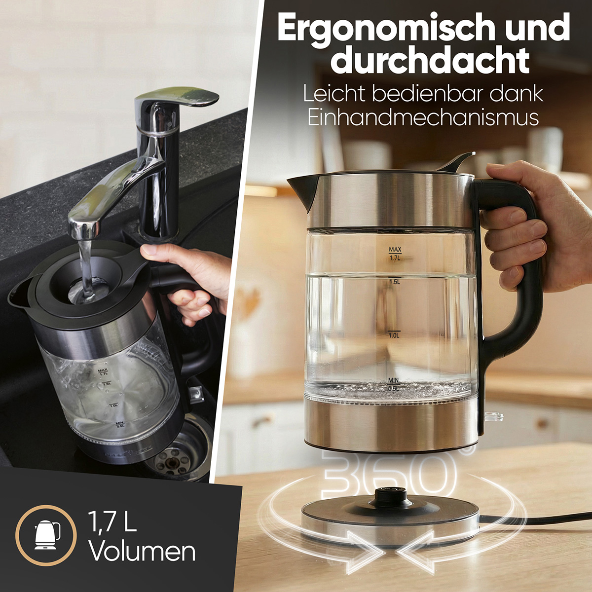 Ein Wasserkessel wird unter einem Wasserhahn gefüllt. Ein anderer Kessel steht auf einer Basis.