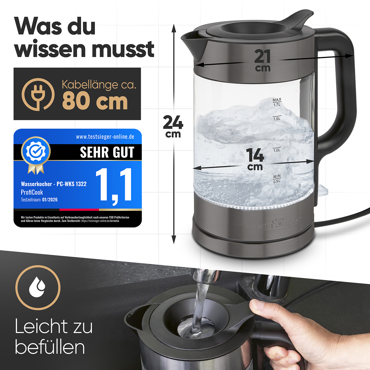 Glas-Wasserkocher mit schwarzem Griff, 24cm hoch, 21cm breit, 14cm tief.