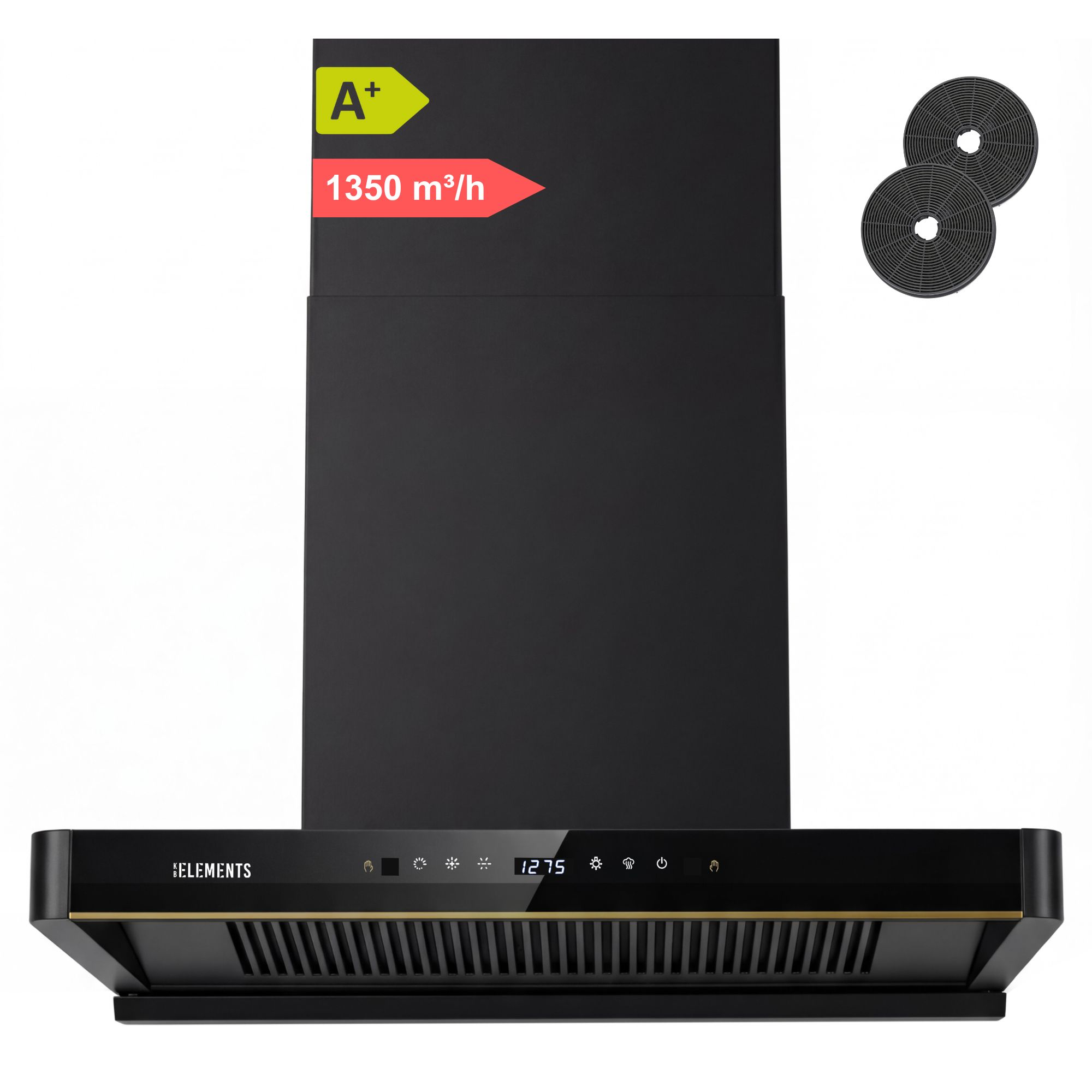 Schwarze Dunstabzugshaube mit A+-Label und 1350 m³/h Luftstrom.
