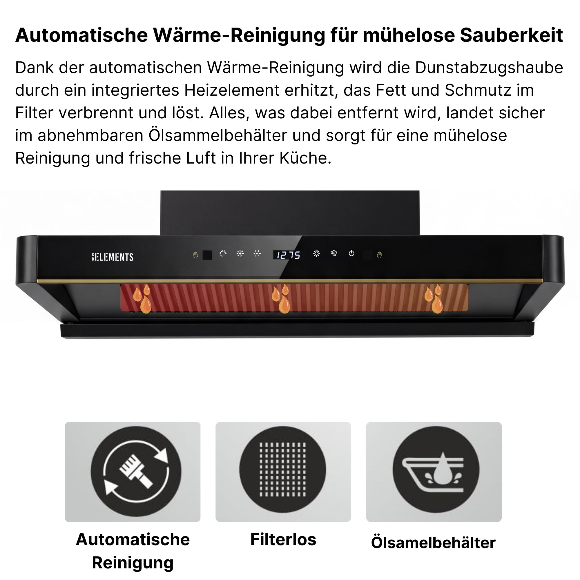Dunstabzugshaube mit Wärme-Reinigung, digitaler Anzeige und drei Symbolen.