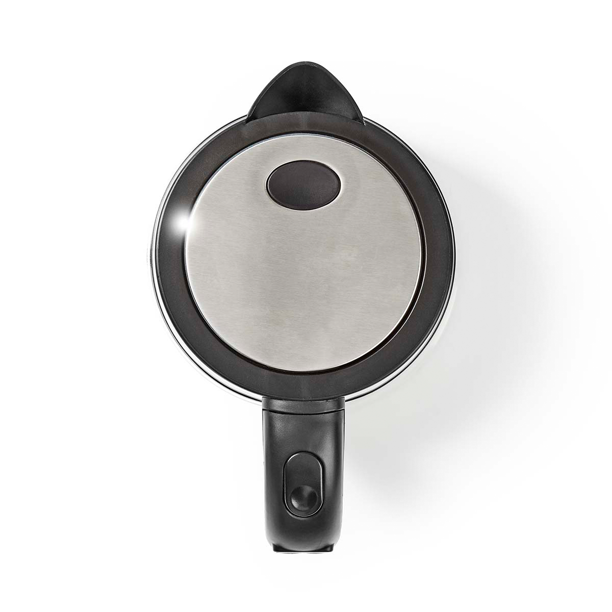 Widok z góry srebrnego czajnika z czarnym uchwytem i pokrywką.