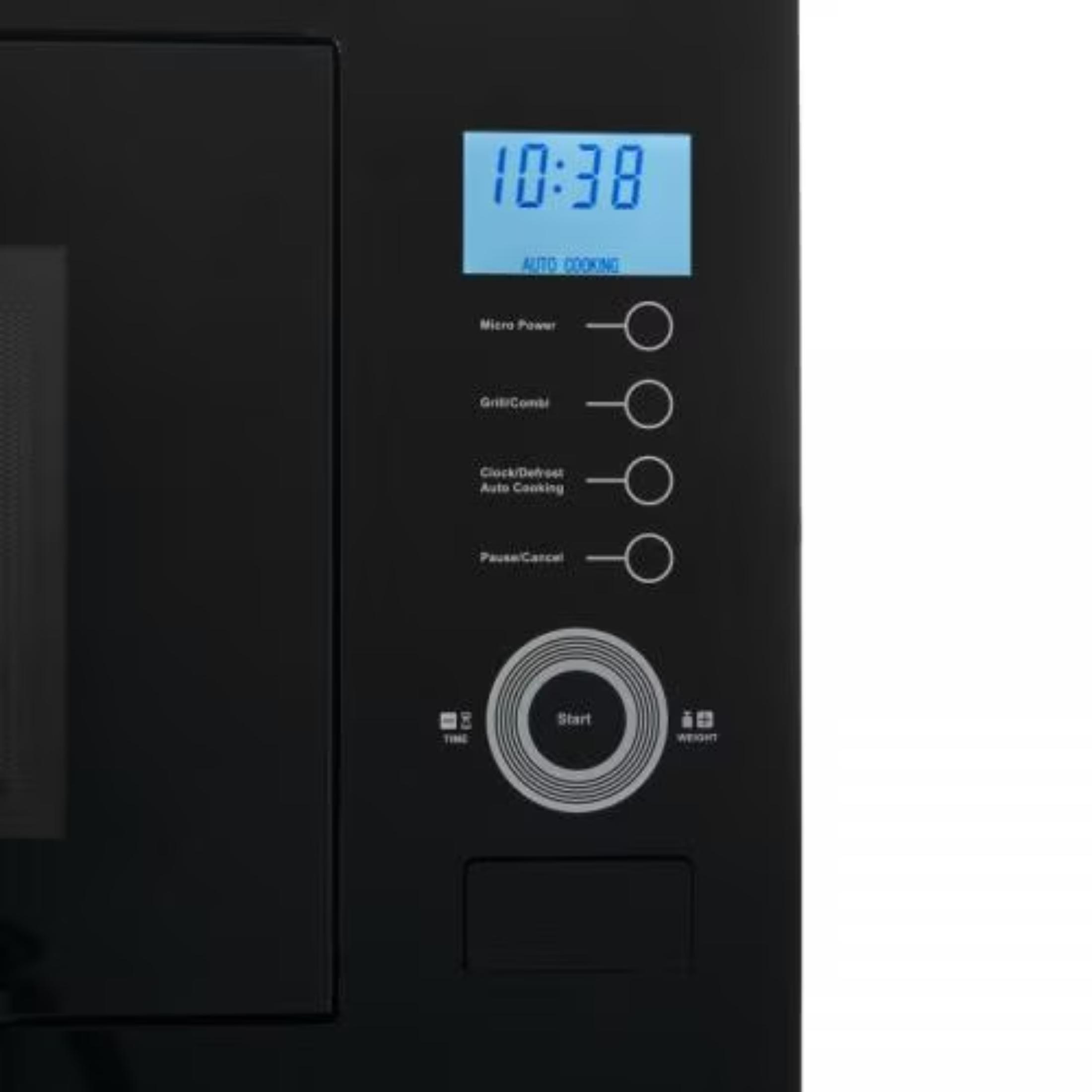 Zwarte magnetron met digitaal display 10:38 en bedieningspaneel.