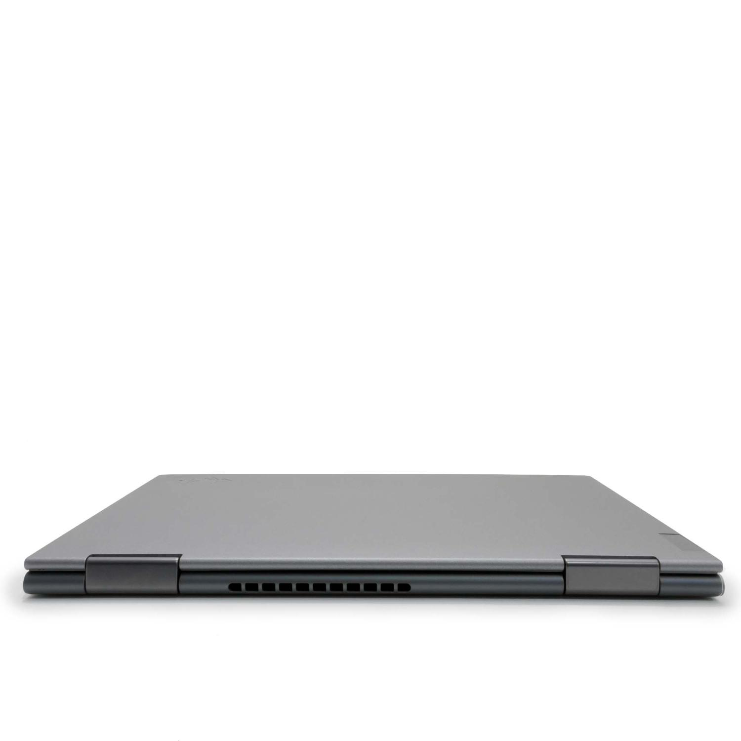 Graues, geschlossenes Convertible-Notebook mit Lüftungsschlitzen.