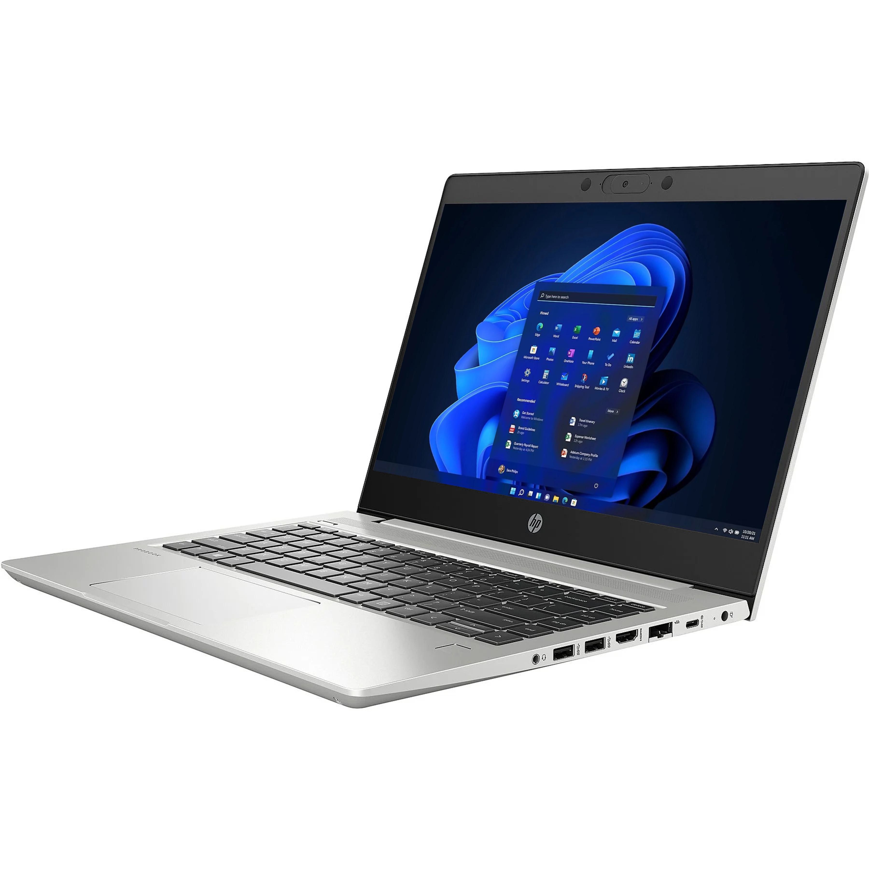 Ein silberner HP Laptop mit geöffnetem Bildschirm, der das Windows 11 Startmenü anzeigt.