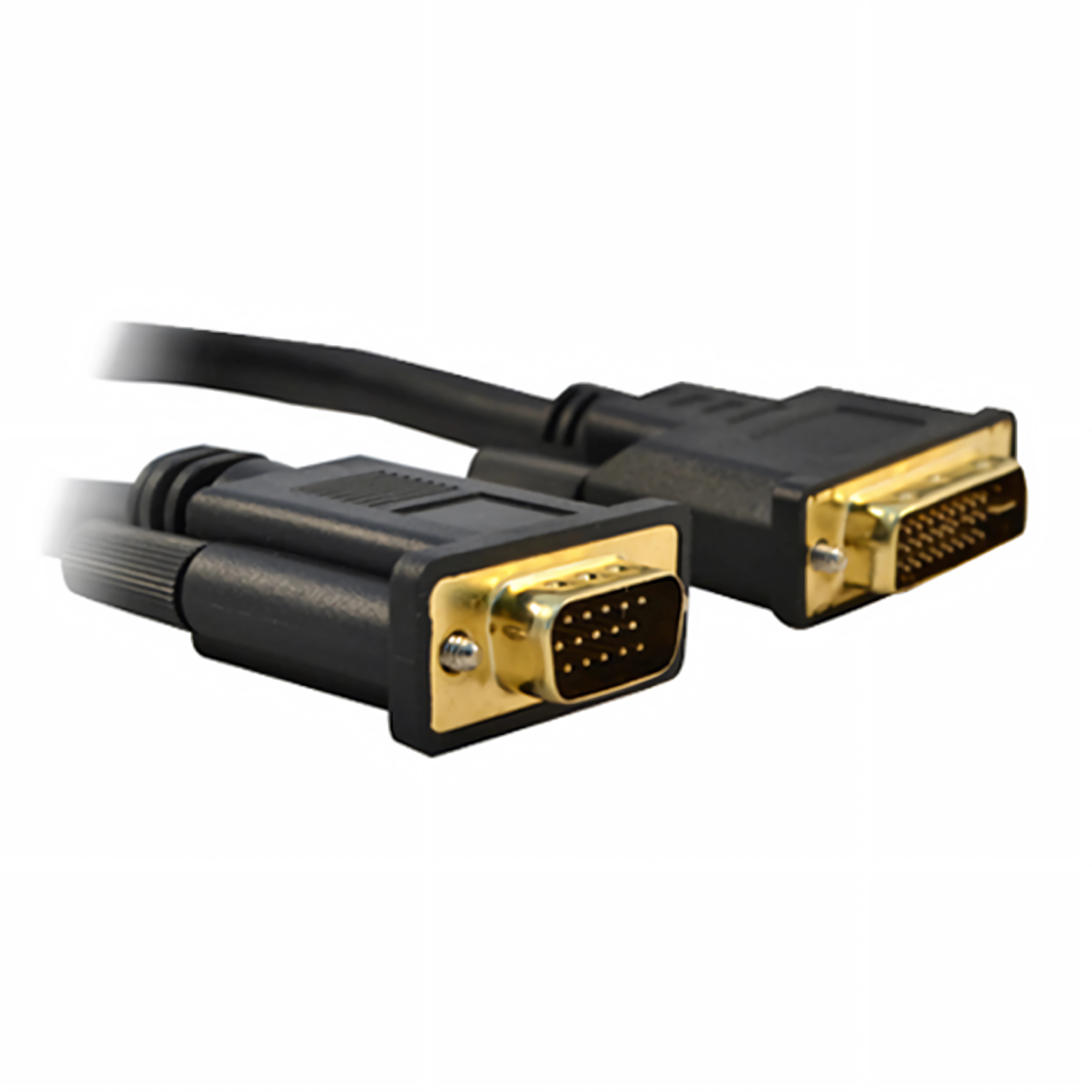 Ein schwarzes Kabel mit goldenen VGA- und DVI-Anschlüssen.