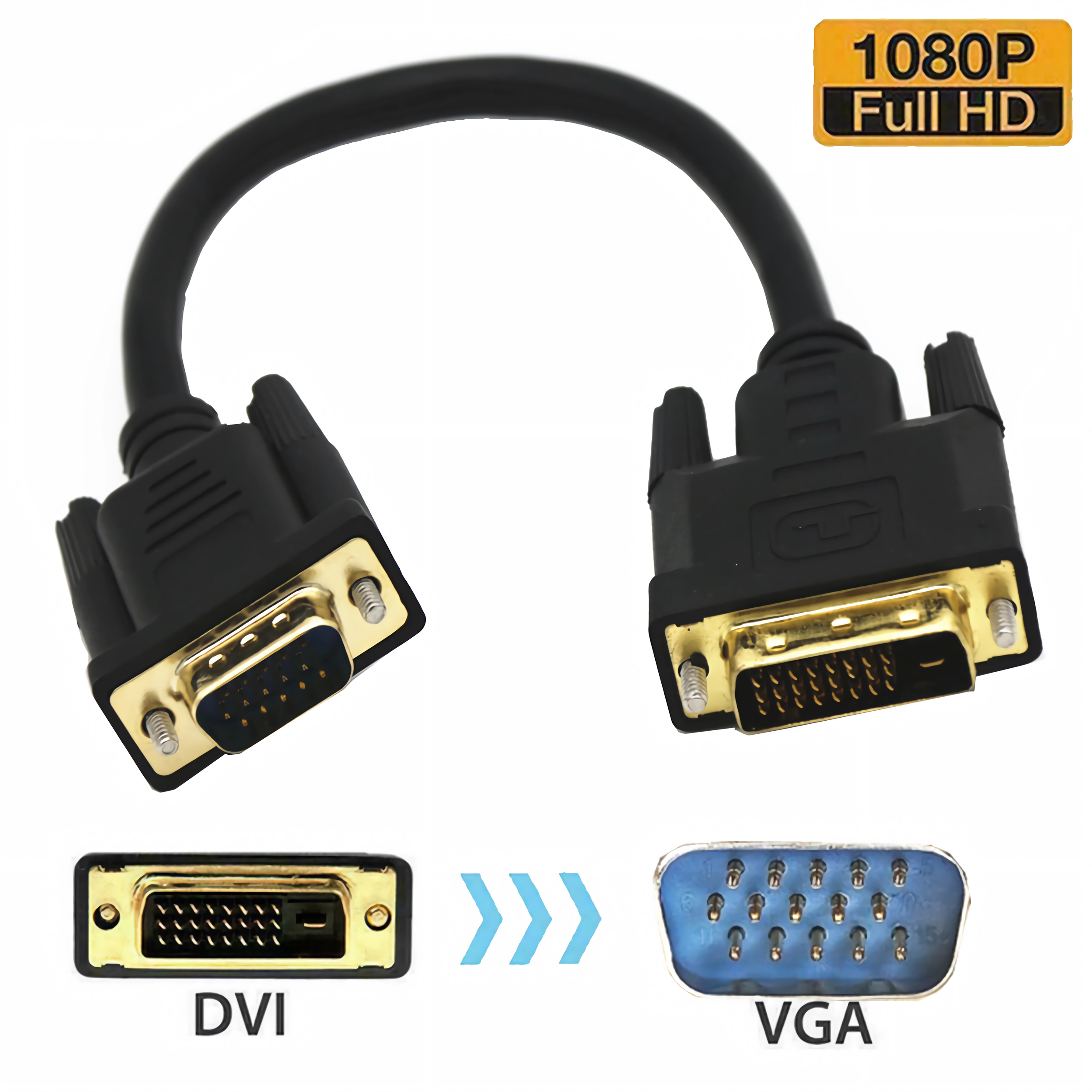 Ein DVI-zu-VGA-Adapterkabel mit 1080p Full HD-Aufdruck.
