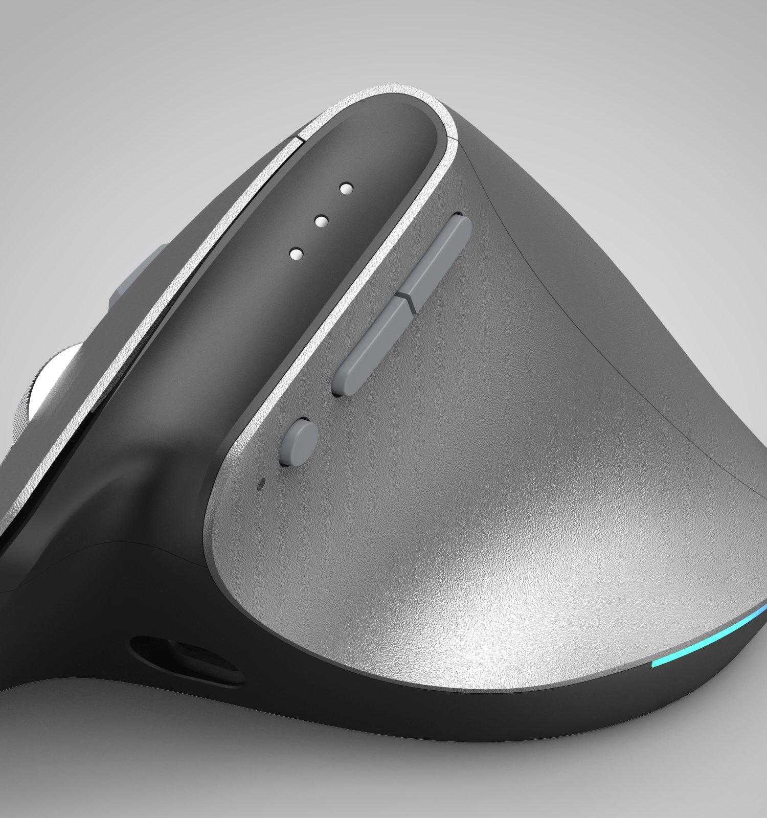 Mysz ergonomiczna z srebrnymi i czarnymi powierzchniami i niebieskimi światłami.