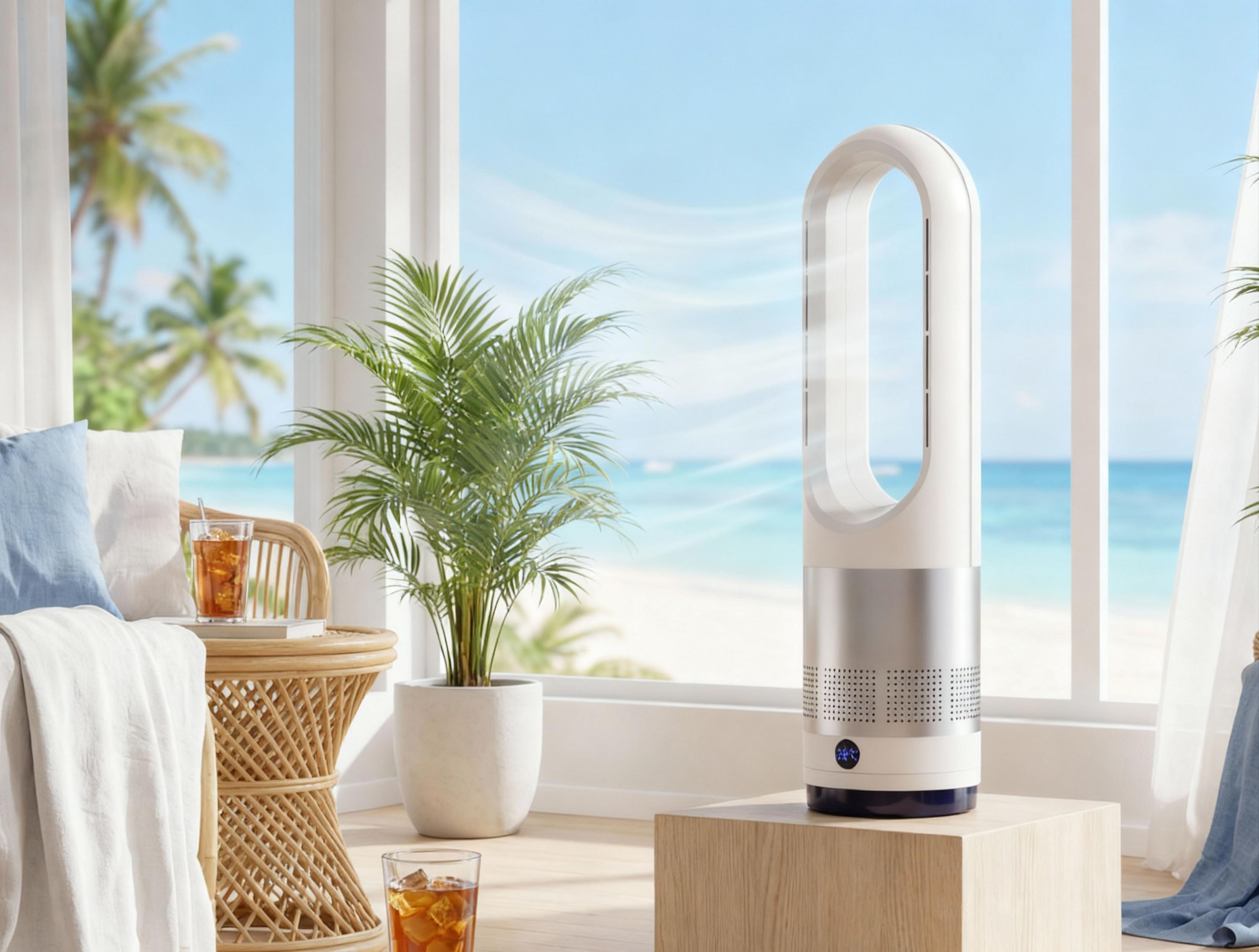Un ventilatore a torre su un cubo di legno davanti a una finestra con vista mare.