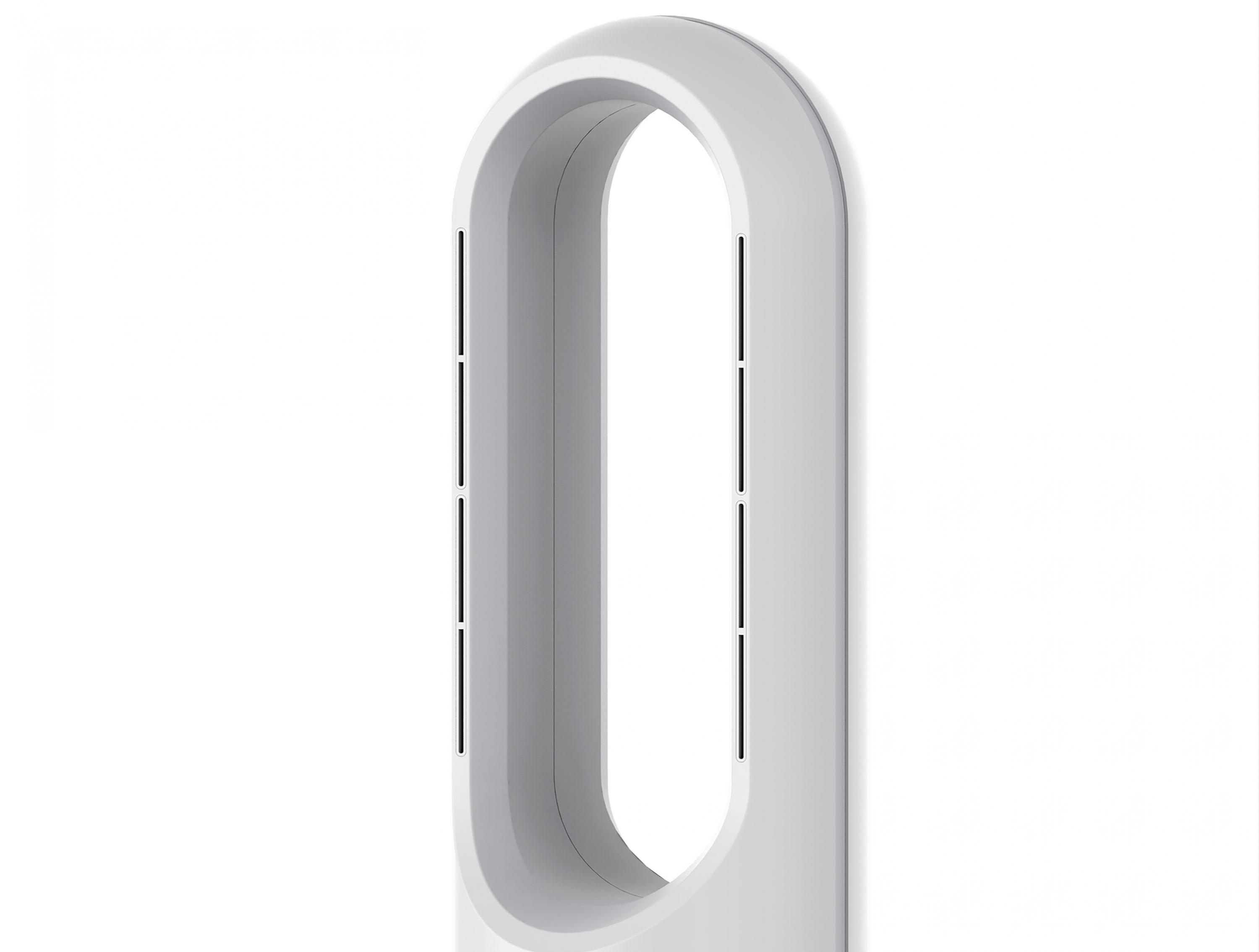 Un ventilatore bianco senza pale con fessura ovale. Vista ravvicinata.