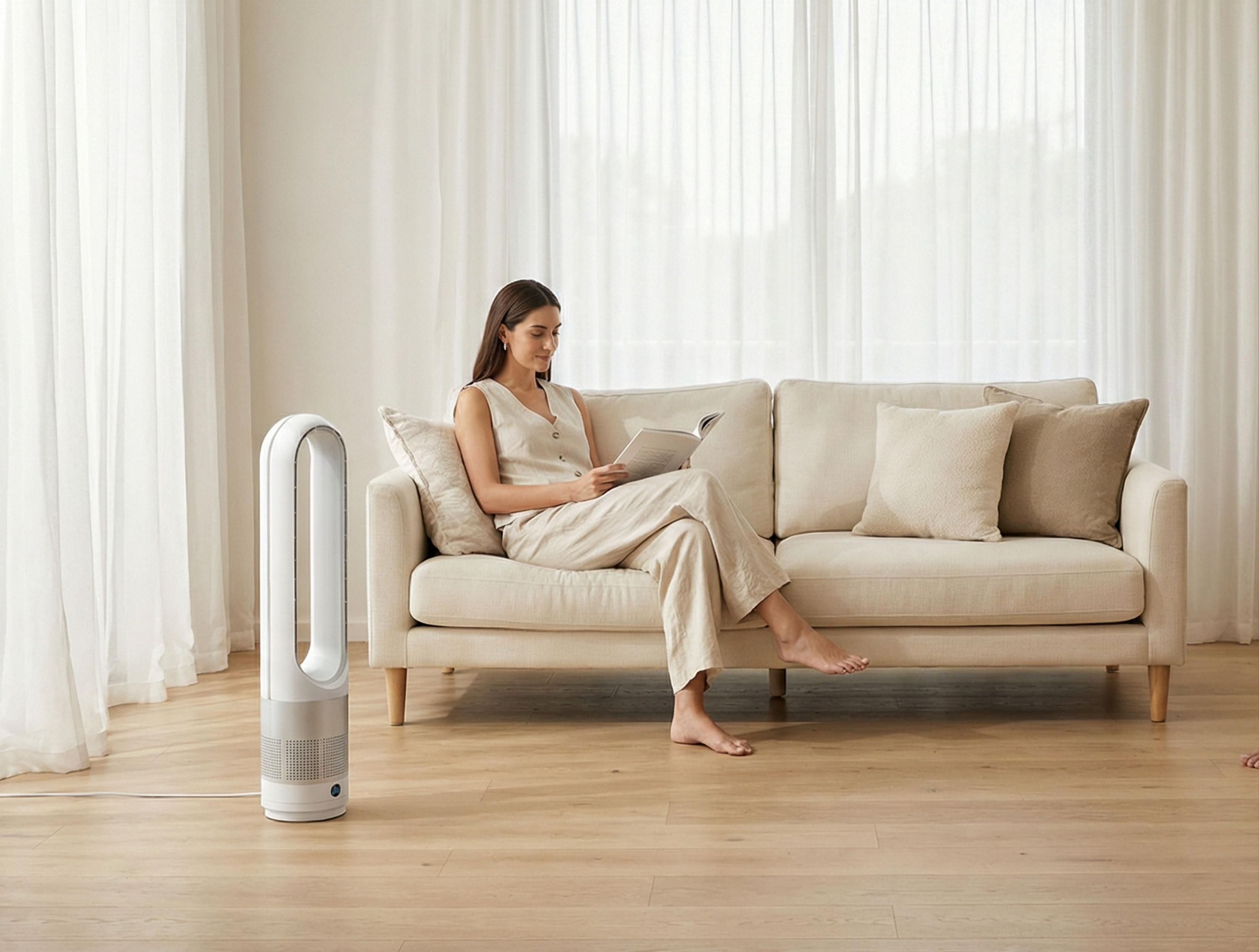 Una mujer lee en un sofá, un ventilador está a su lado.
