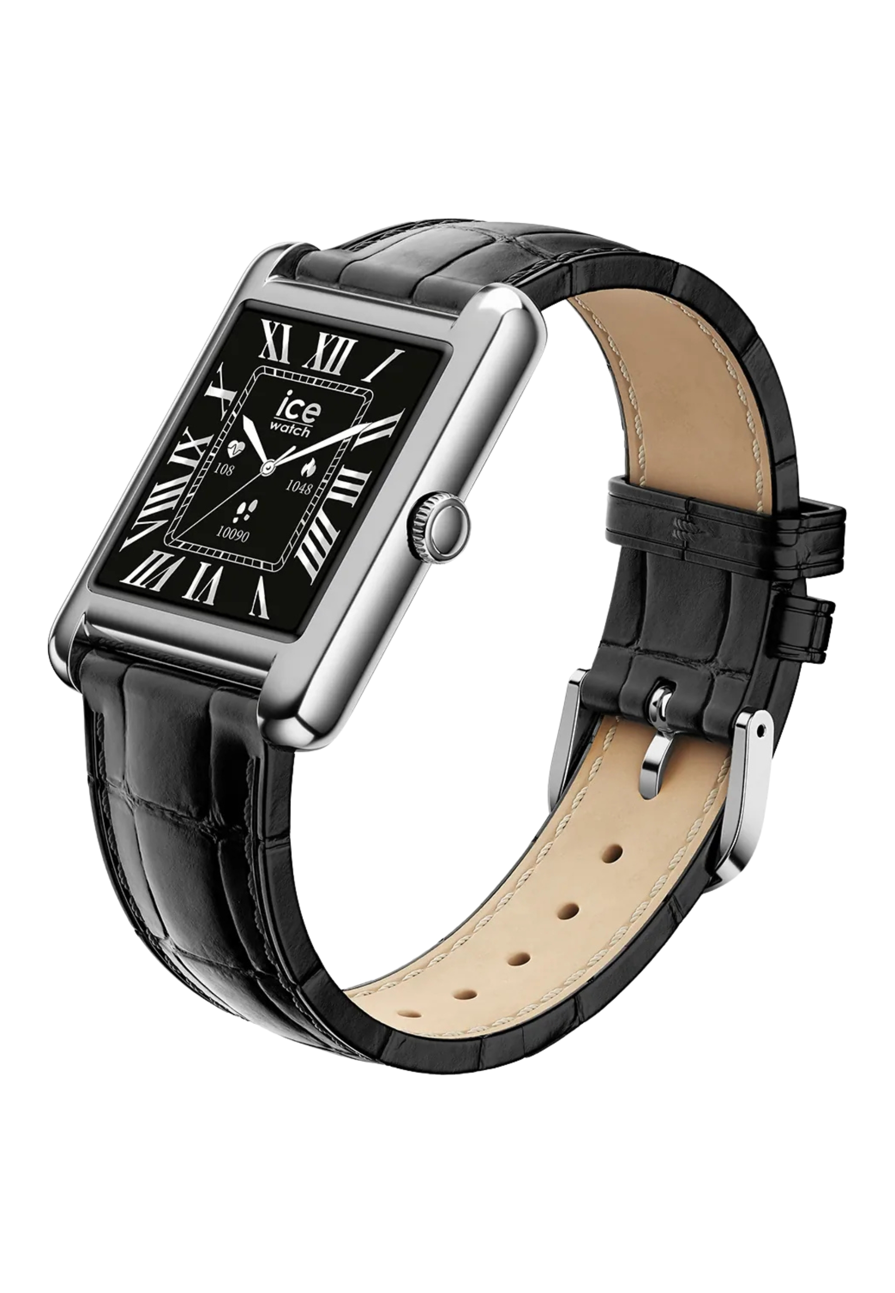 Un orologio rettangolare nero con cassa argentata e cinturino in pelle nera.