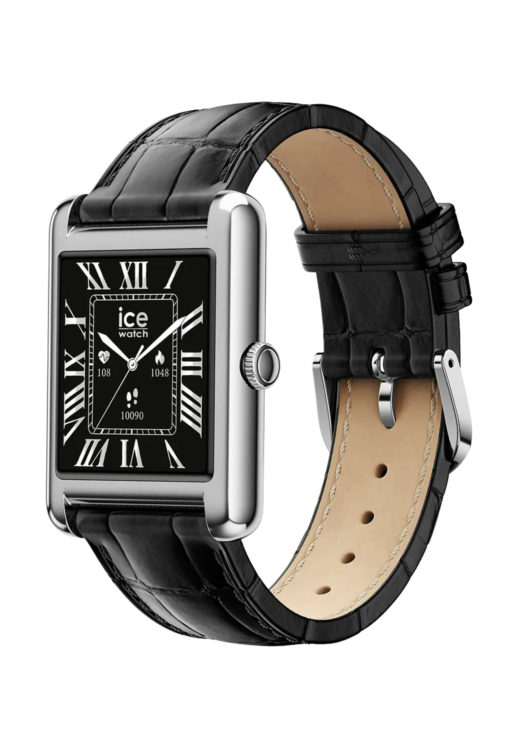 Un orologio rettangolare argentato con cinturino in pelle nera e quadrante nero.