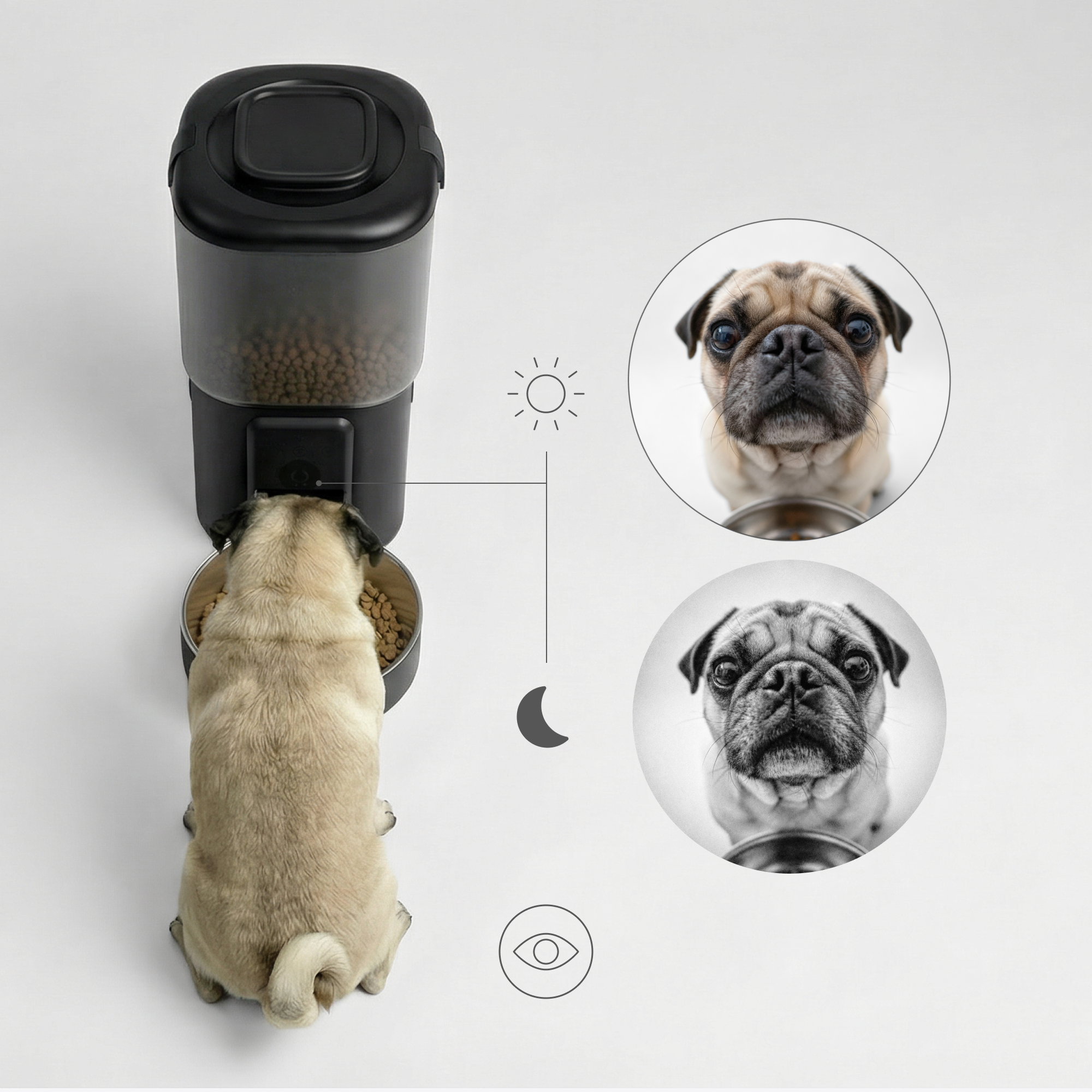 Ein Mops frisst aus einem Futterspender. Nahaufnahmen zeigen sein Gesicht.