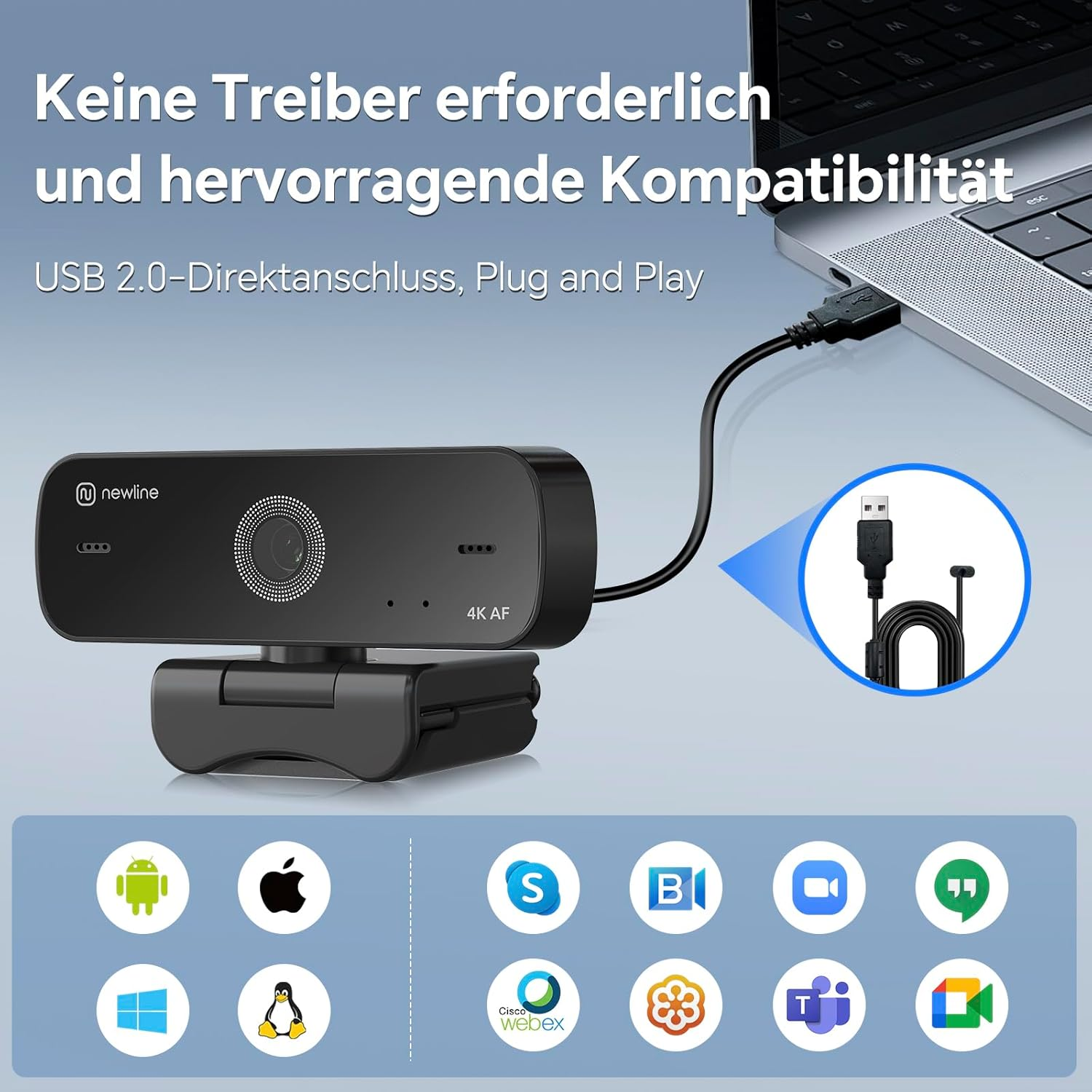 Kamera internetowa Newline 4K z połączeniem USB, obok logo systemów operacyjnych i aplikacji.