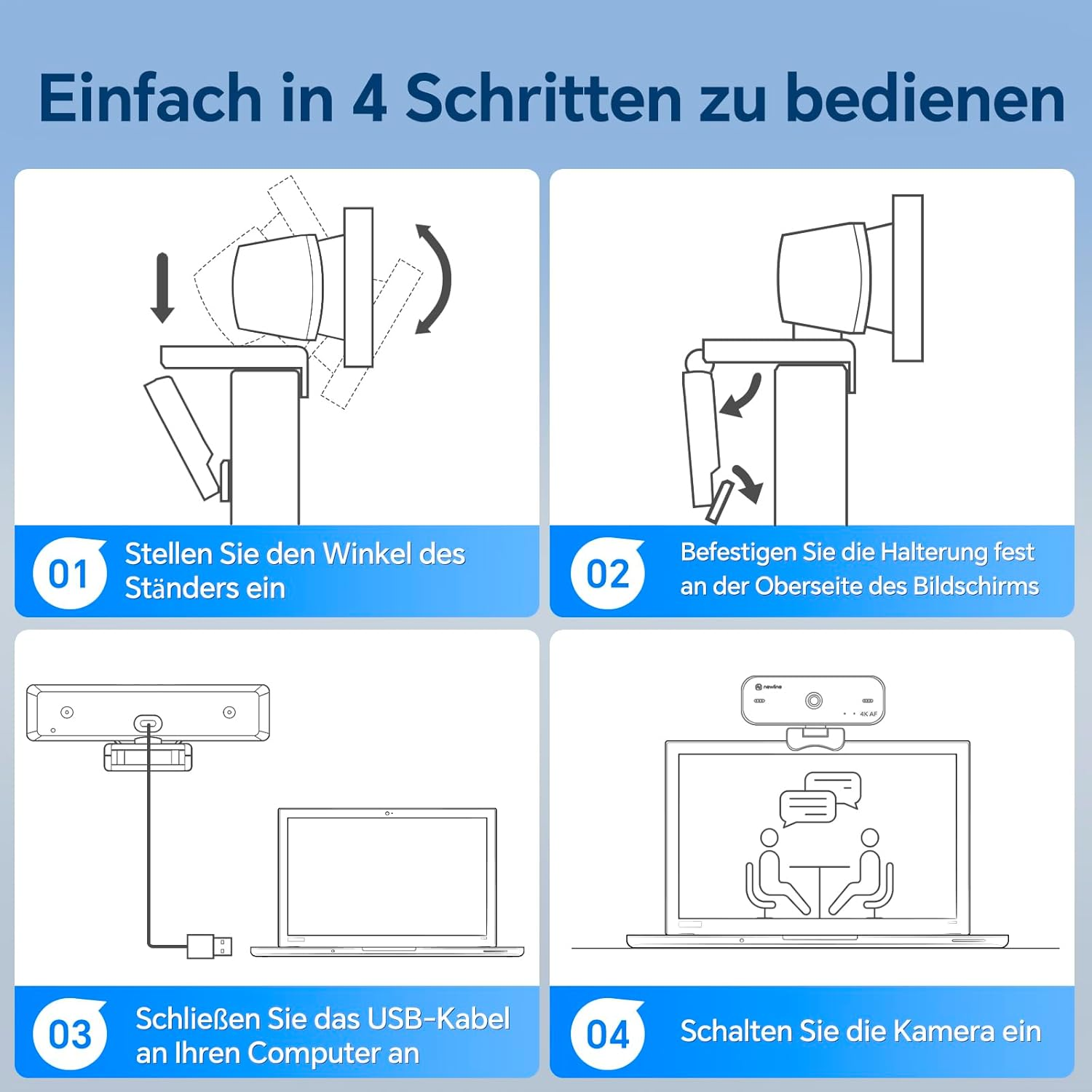 Instrukcja w 4 krokach: wyreguluj kąt stojaka, przymocuj uchwyt, podłącz USB, włącz kamerę.