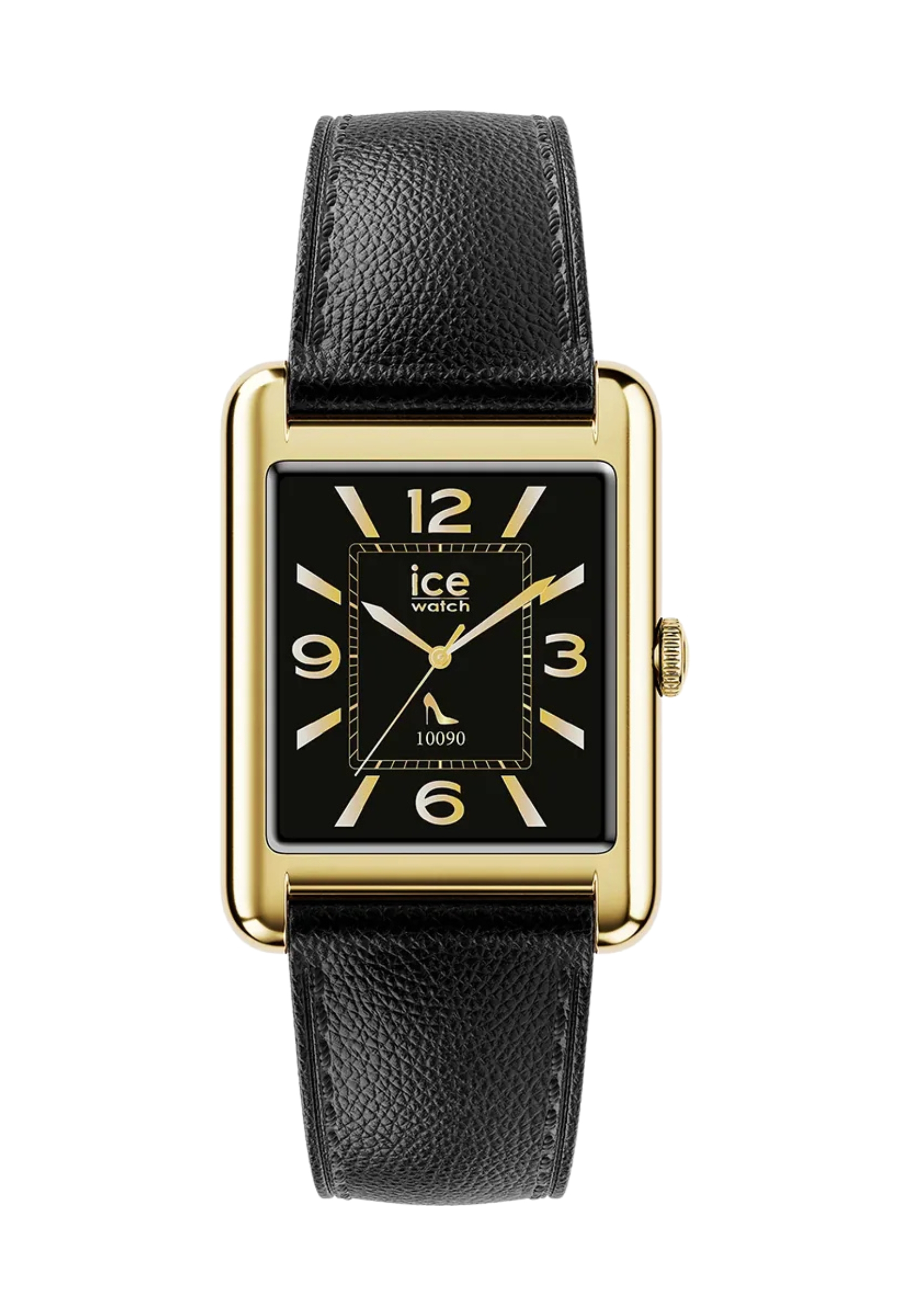 Orologio rettangolare dorato con quadrante nero e cinturino in pelle nera.
