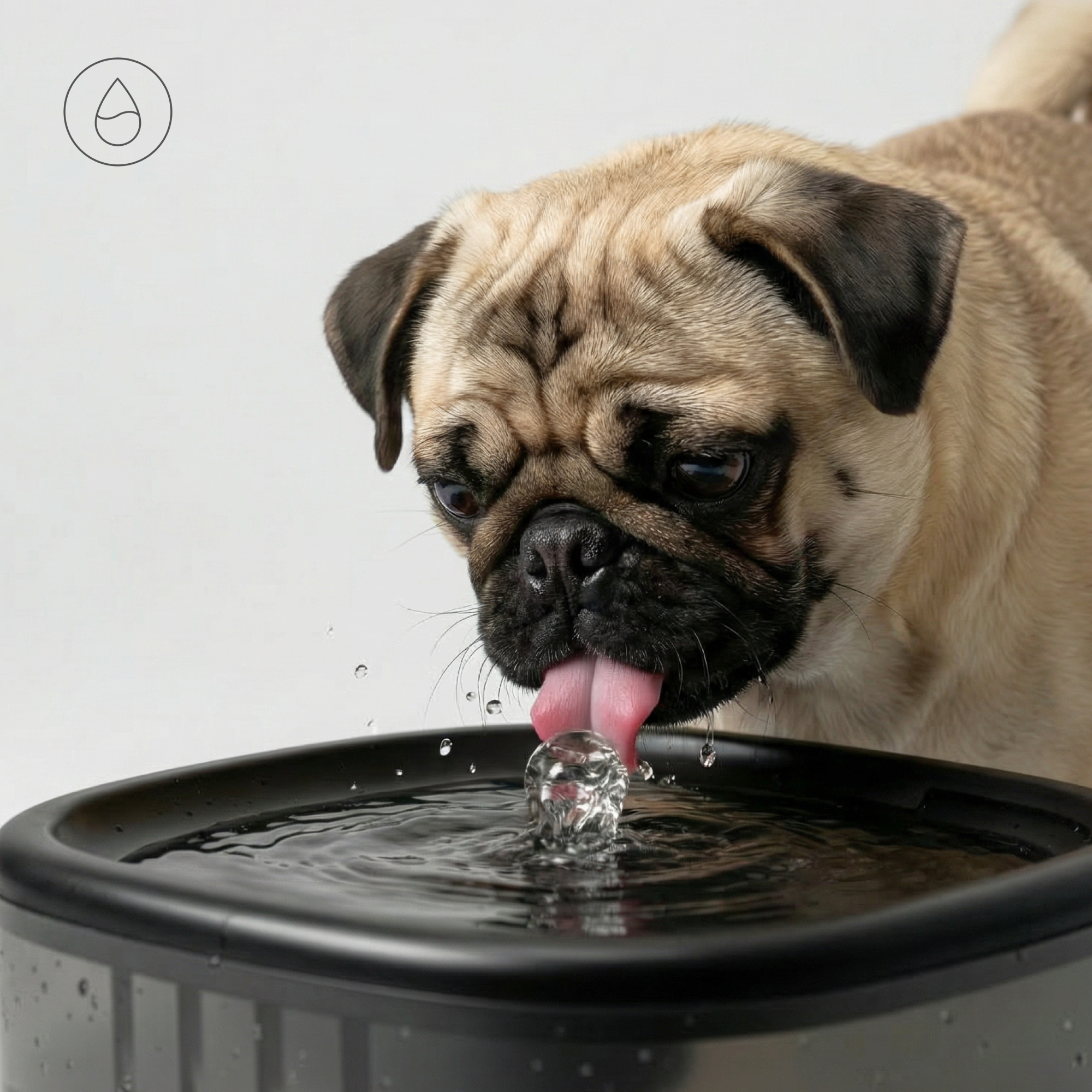 Ein Mops trinkt Wasser aus einem Brunnen mit seiner Zunge.
