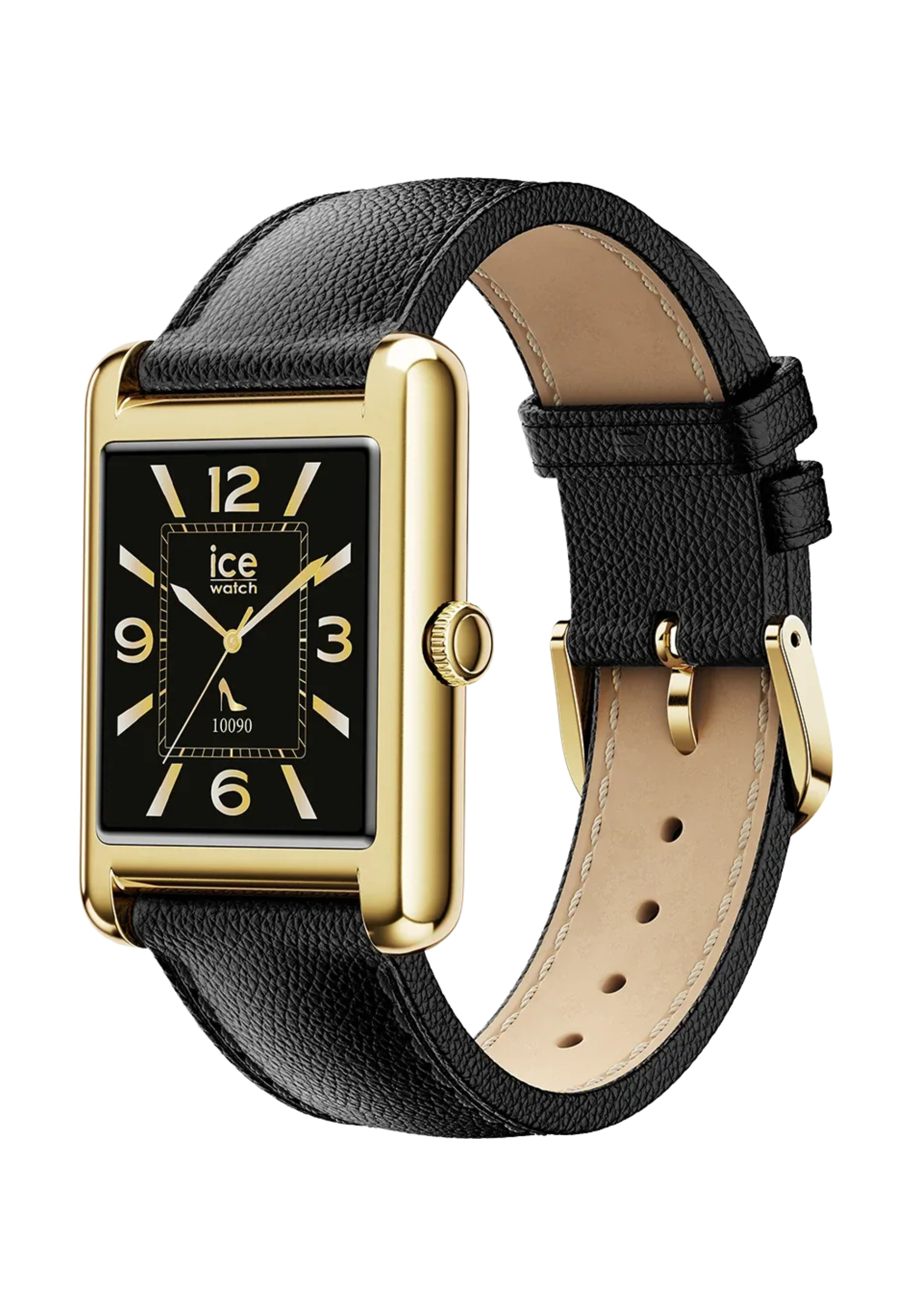 Orologio rettangolare dorato con quadrante nero e cinturino in pelle nera.