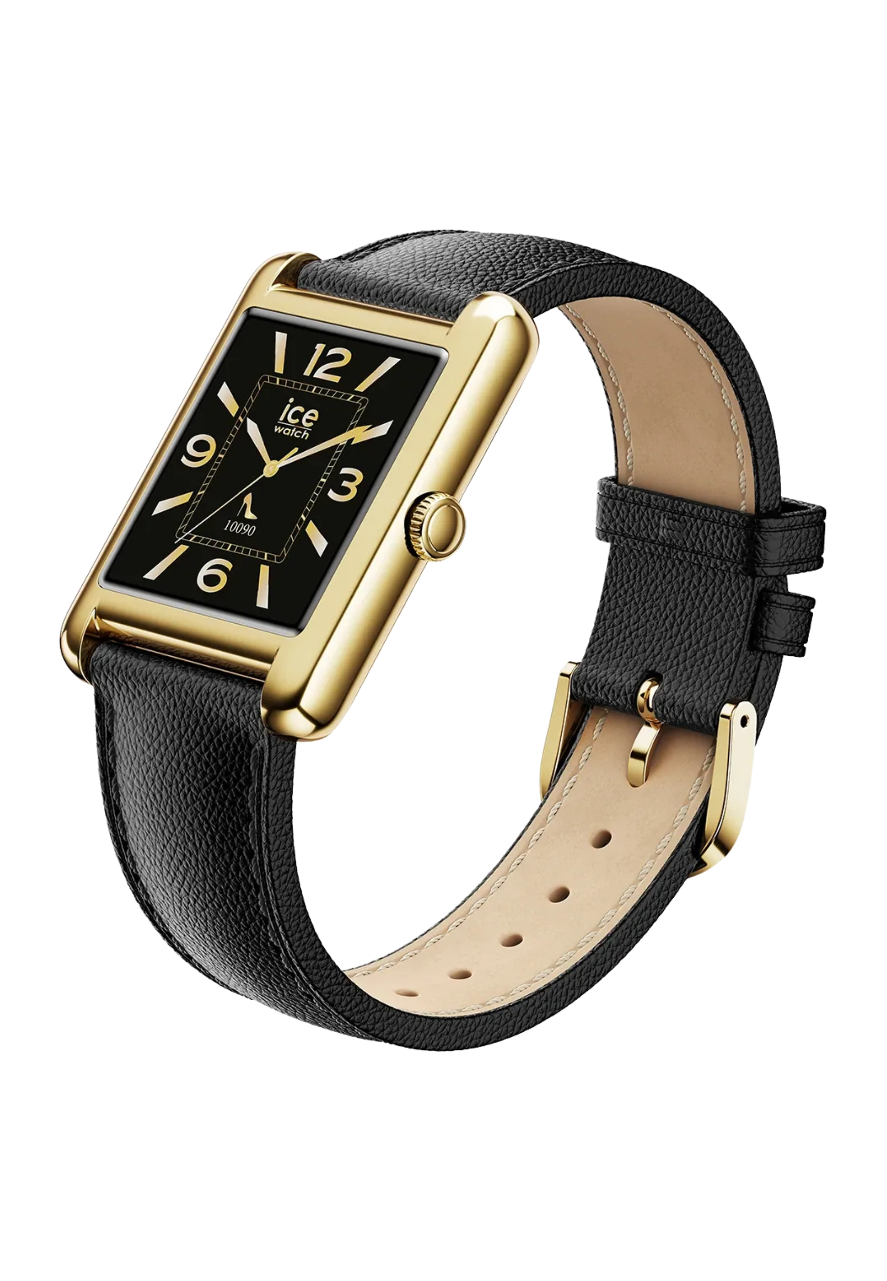 Orologio rettangolare dorato con quadrante nero e cinturino in pelle nera.