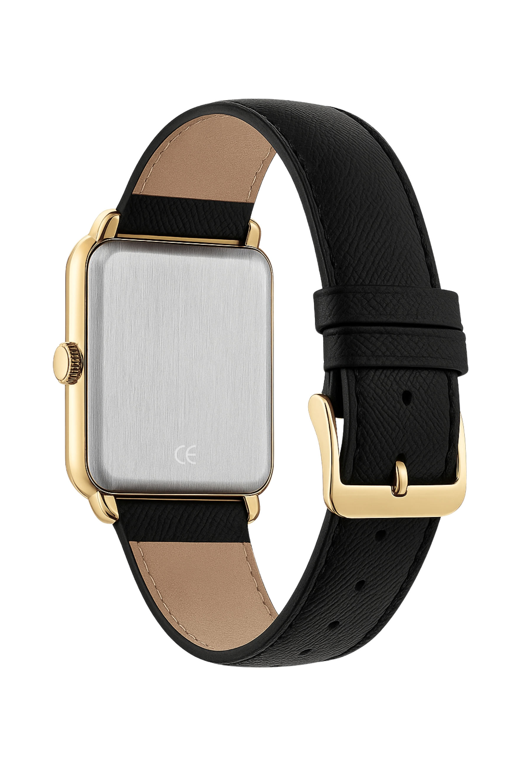 Orologio smart dorato con cinturino in pelle nera e fondello argentato.