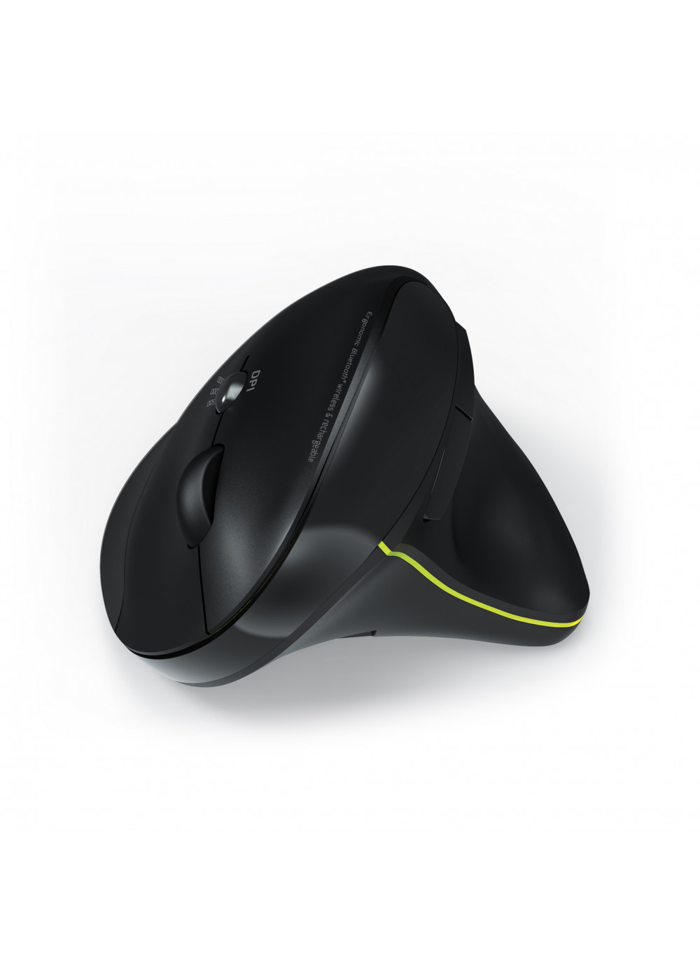 Black ergonomic vertical mouse with yellow accents and DPI button.