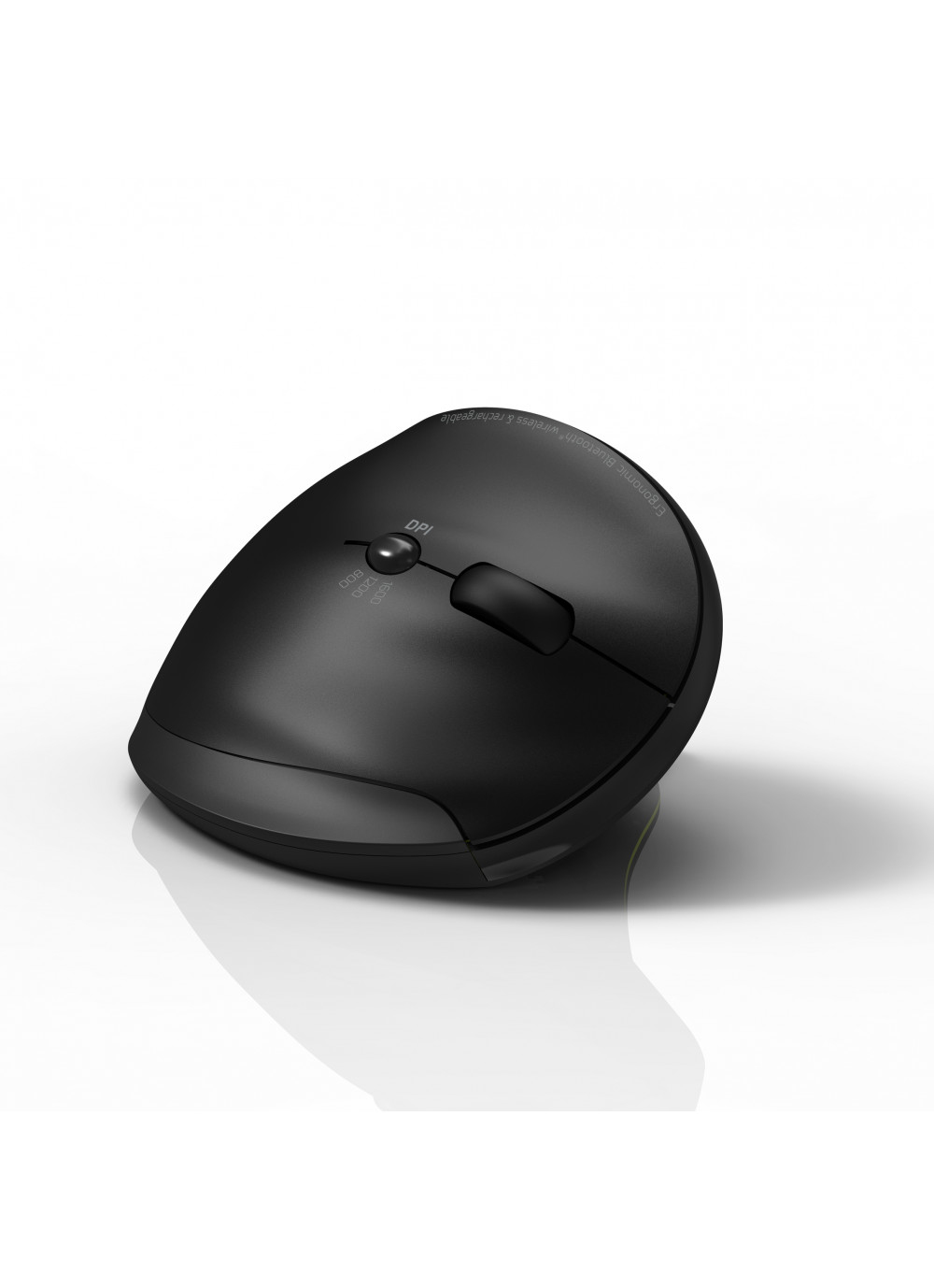 Black ergonomic Bluetooth mouse with DPI button and scroll wheel on white background.