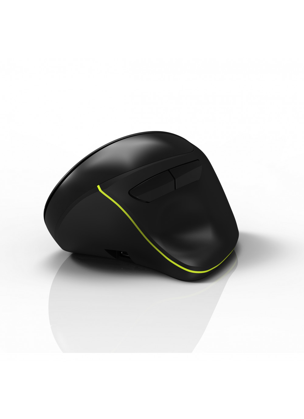 Black computer mouse with yellow accents on a white background.