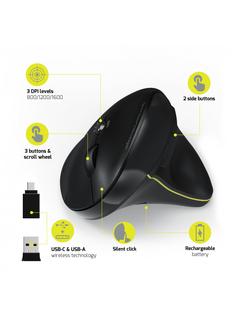 Black ergonomic mouse with 3 DPI levels, 3 buttons, scroll wheel, silent click.
