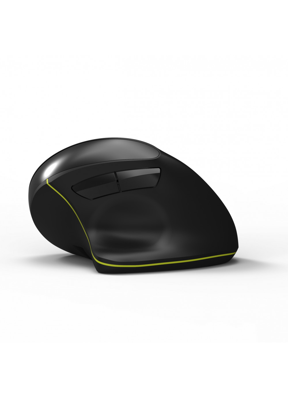 Black computer mouse with yellow accents, on a white background.