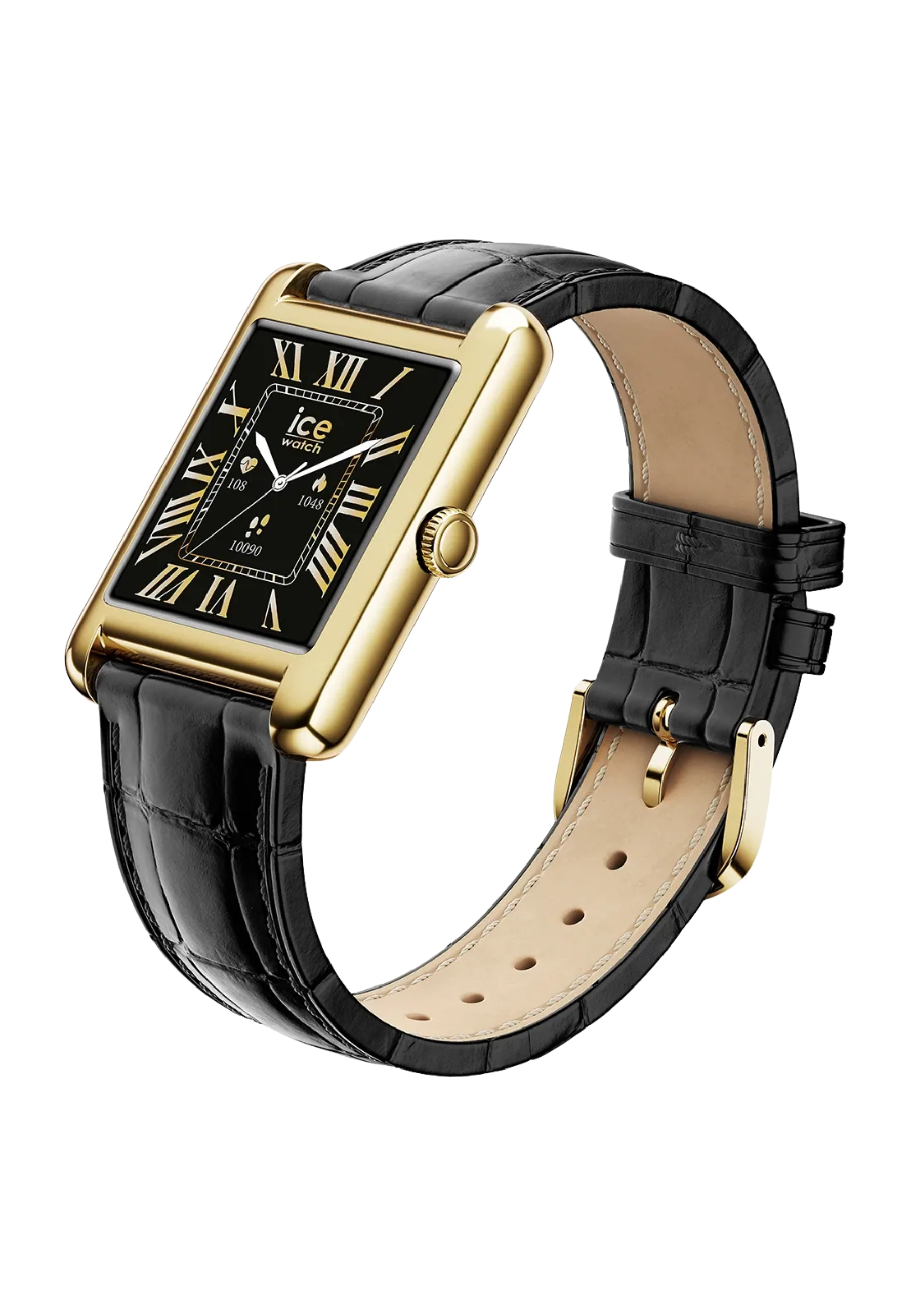 Goldfarbene rechteckige Smartwatch mit schwarzem Zifferblatt und schwarzem Lederarmband.