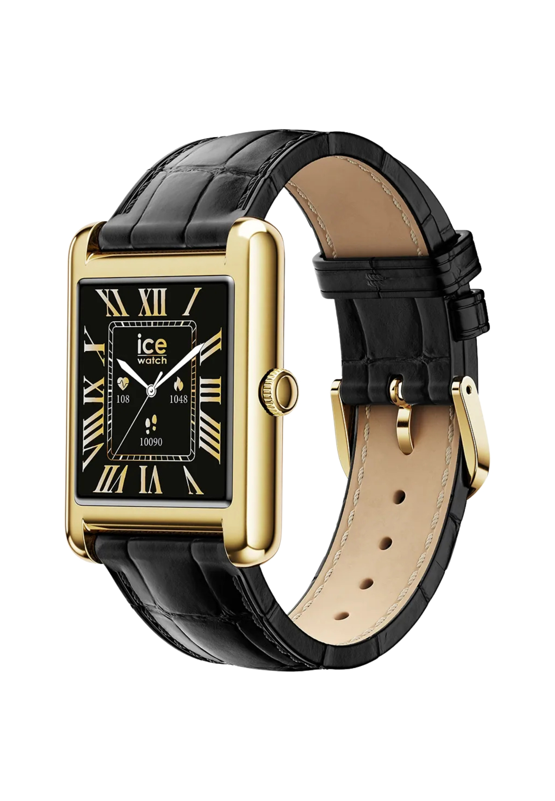 Goldene rechteckige Uhr mit schwarzem Zifferblatt und Lederarmband.