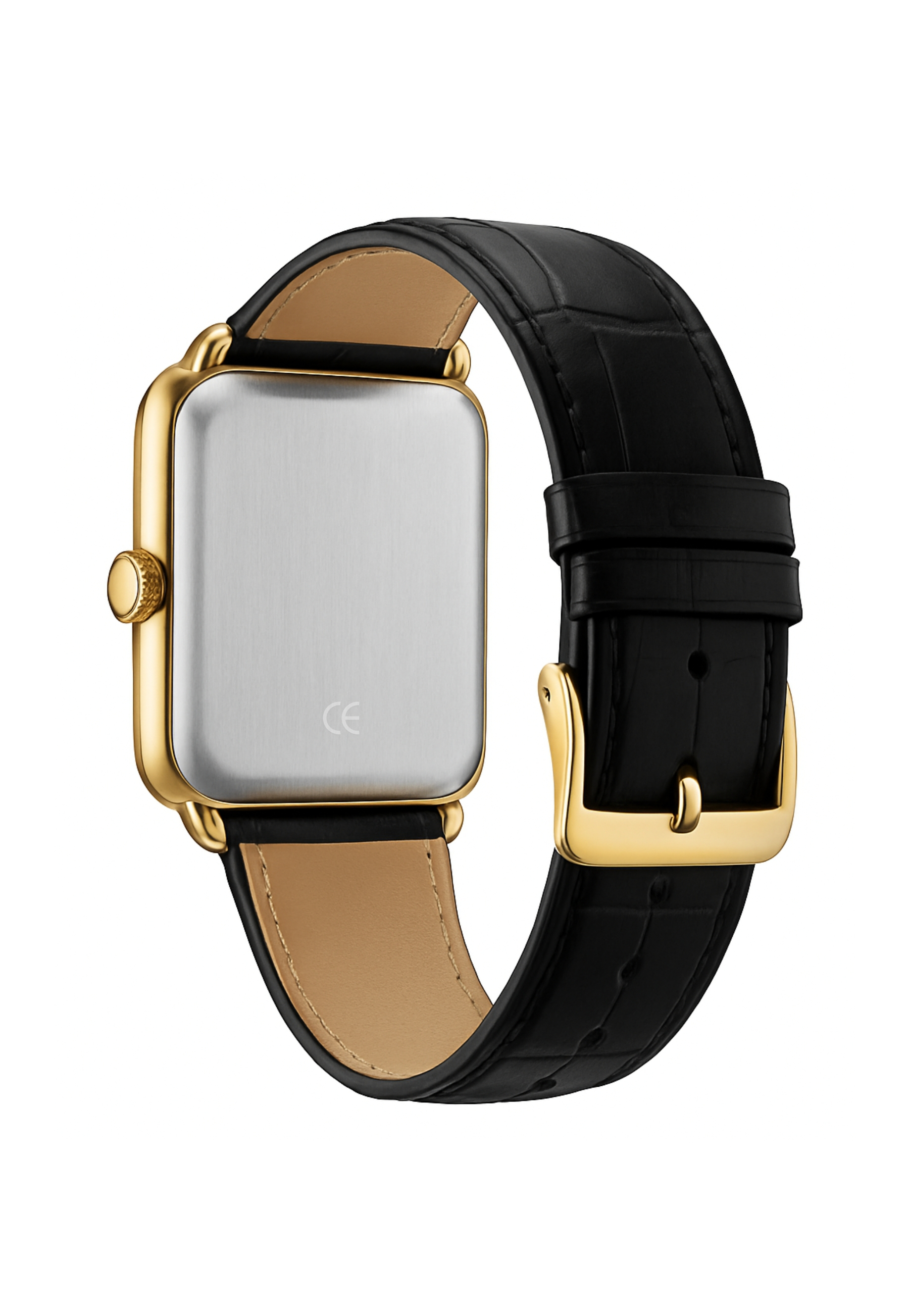 Goldfarbenes rechteckiges Gehäuse mit schwarzem Lederarmband und CE-Zeichen.