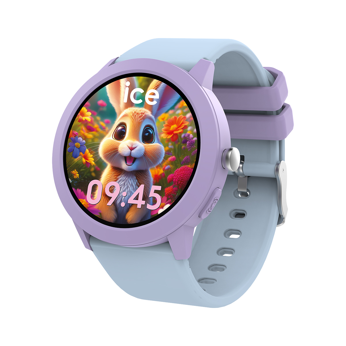 Lila und hellblaue Smartwatch mit Hase und Blumen auf dem Display.