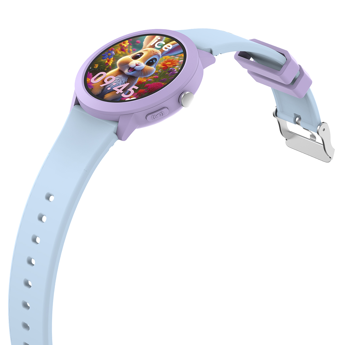 Lila Smartwatch mit blauem Band, zeigt einen Hasen und Blumen.
